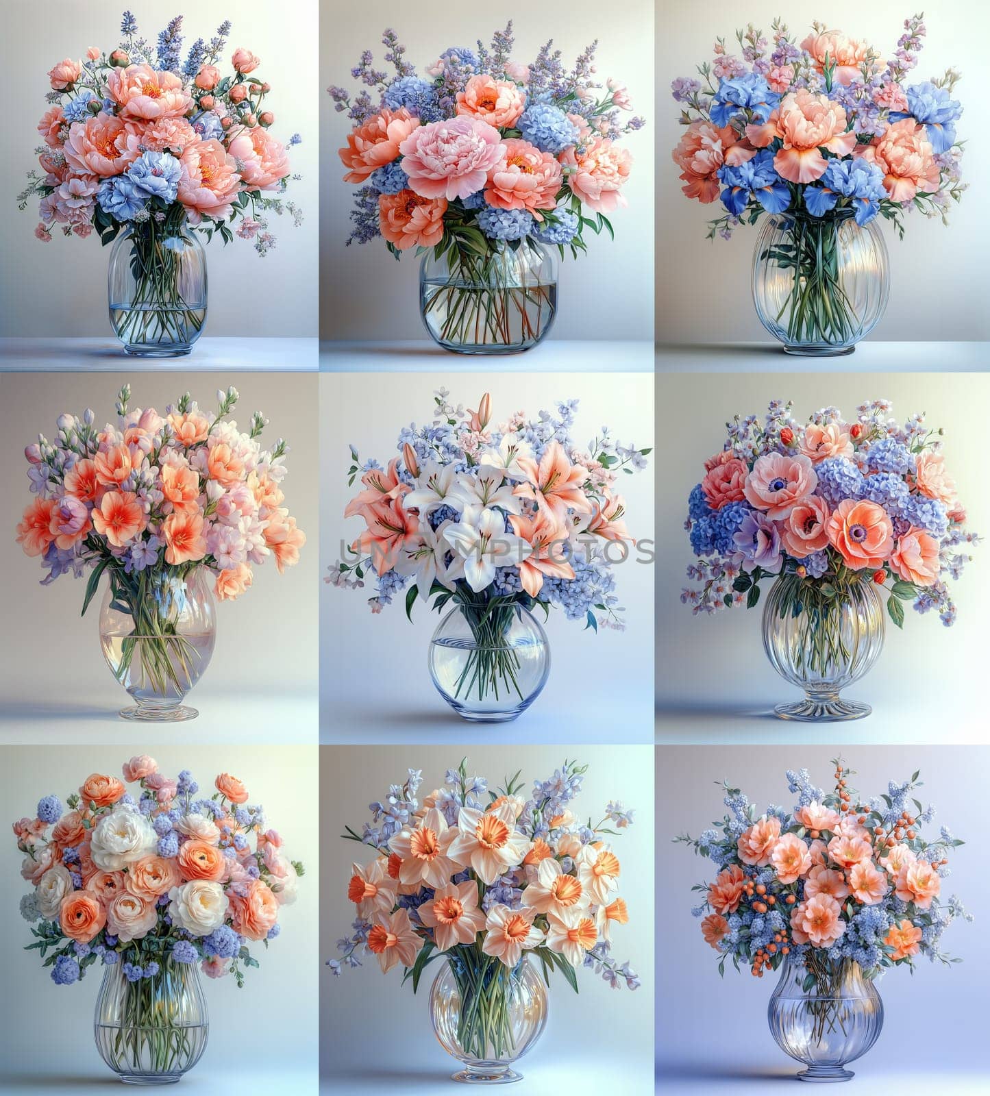 Stunning floral arrangements display an array of colorful blossoms in clear vases, creating a striking visual effect. Each bouquet features unique combinations of flowers and colors.