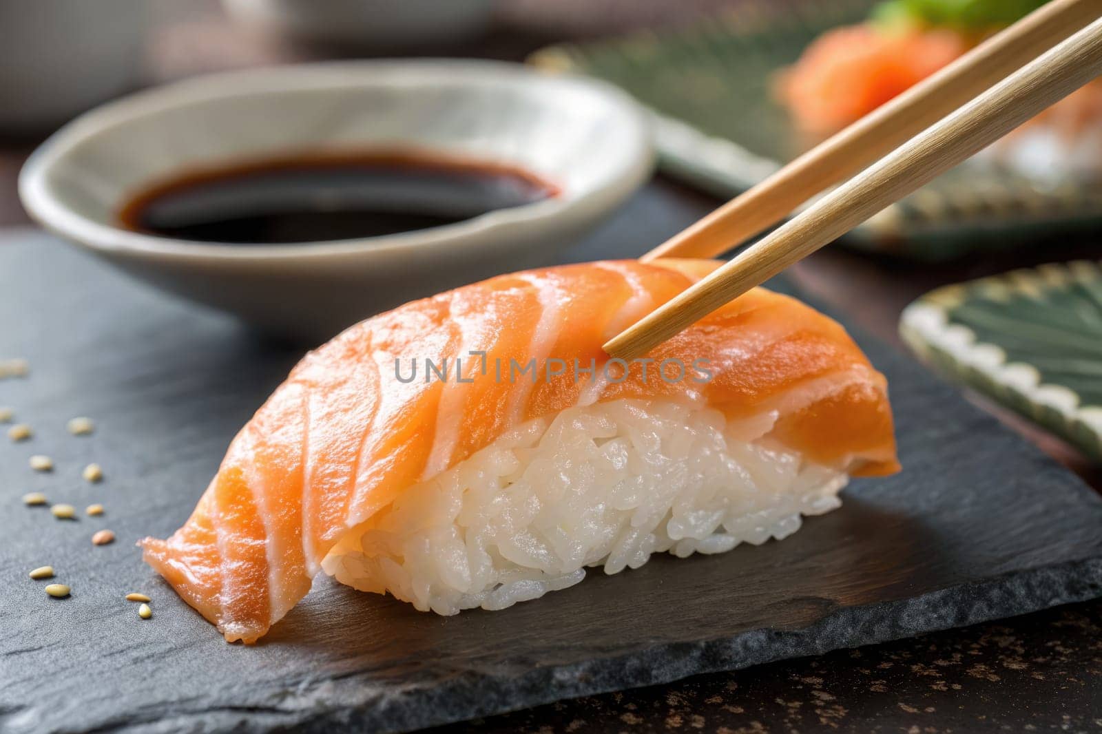 A piece of salmon sushi is expertly held by chopsticks above a slate board. A small bowl of soy sauce and garnishes accompany the dish, showcasing a blend of Japanese culinary art.