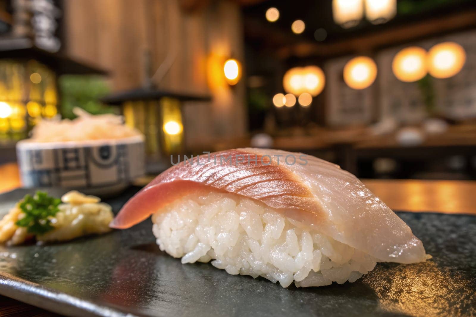 Fresh sushi featuring delicate fish slices rests on a dark plate, accompanied by ginger and wasabi. The ambient lighting and decor suggest a cozy, inviting restaurant atmosphere.