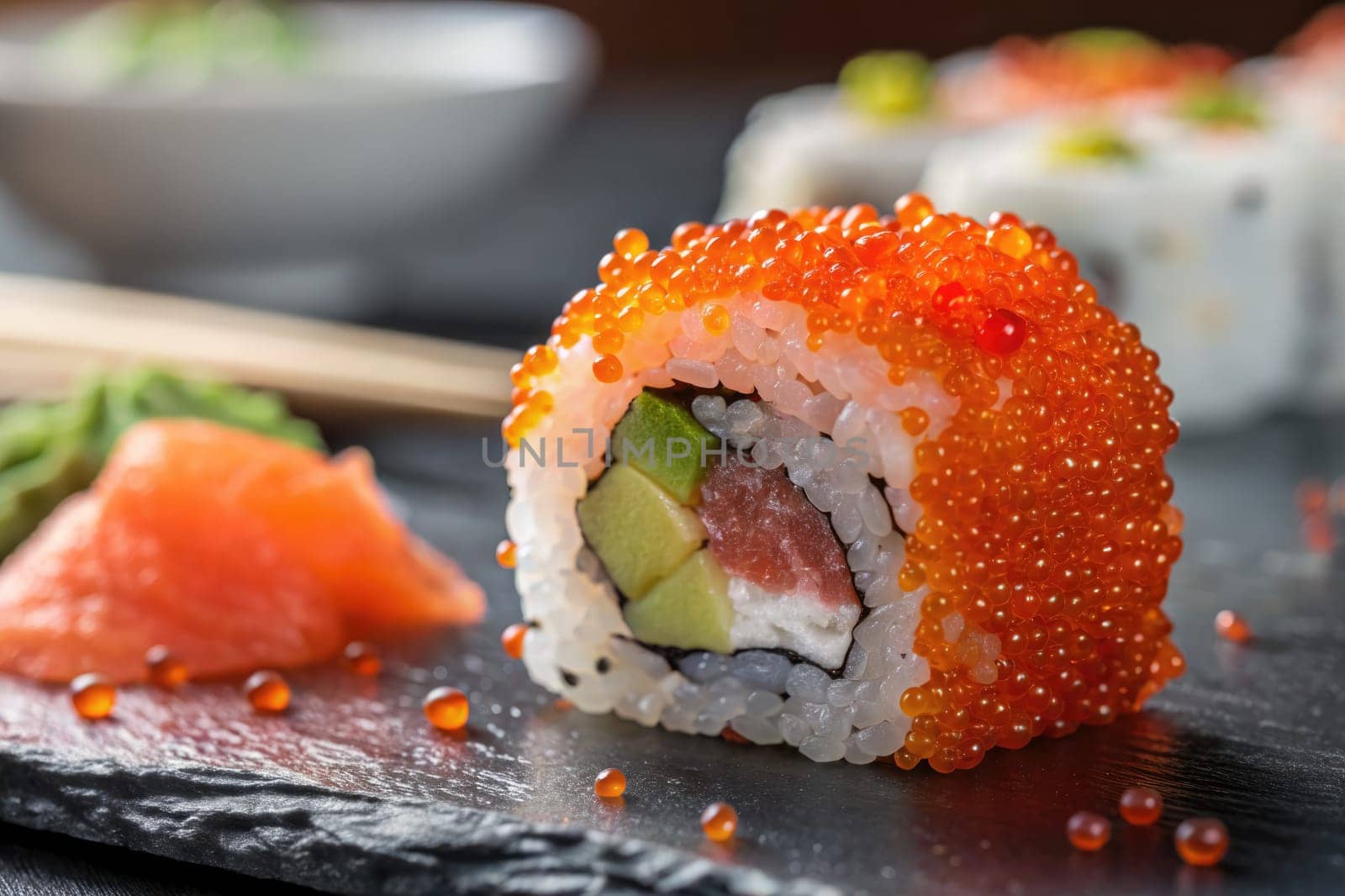 A sushi roll featuring orange roe and fresh ingredients is placed on a dark slate board. Nearby, slices of salmon and wasabi accompany the dish, reflecting a casual yet elegant lunch ambiance.