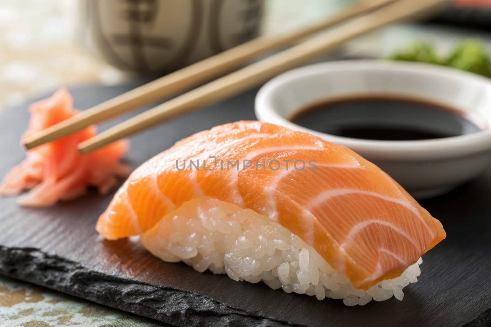 Salmon sushi is artfully arranged on a slate plate, accompanied by soy sauce and pickled ginger. Natural wood and soft lighting create a cozy dining atmosphere, inviting for a meal.