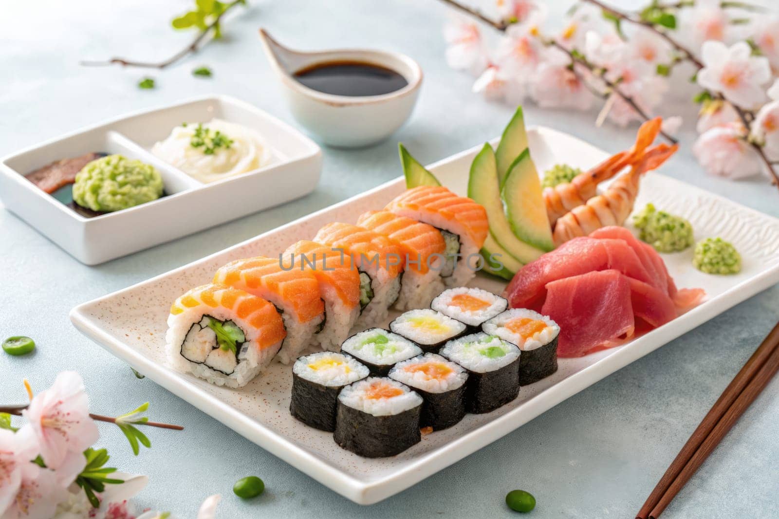 A vibrant assortment of sushi presented on a white plate features salmon, tuna, shrimp, and vegetables, accompanied by wasabi, soy sauce, and mayonnaise. Cherry blossoms add a delicate touch.
