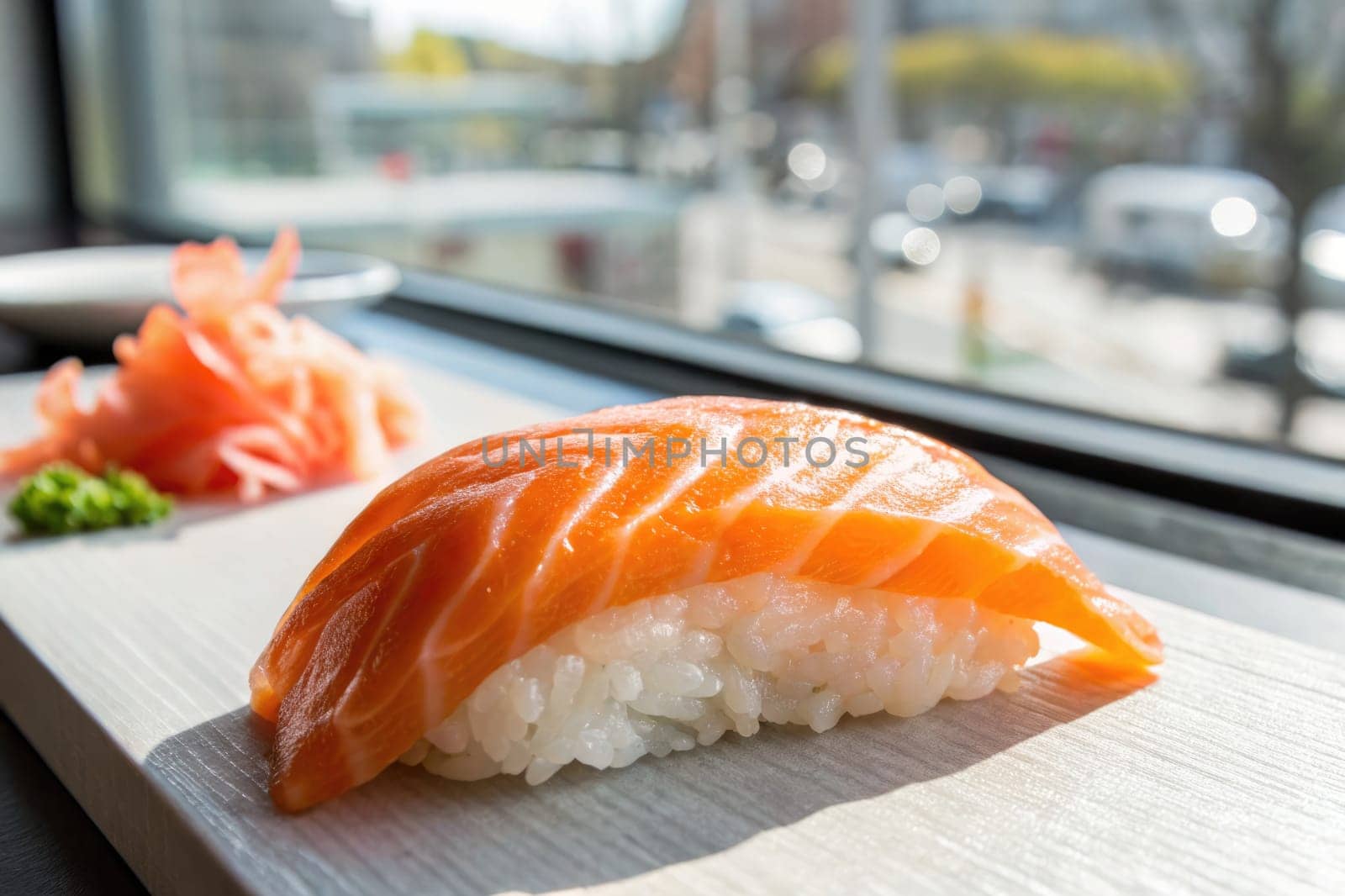 In a bright setting, a piece of salmon sushi sits on a wooden plate, accompanied by wasabi and pickled ginger. Outside the window, city traffic and buildings are visible, creating an urban atmosphere.