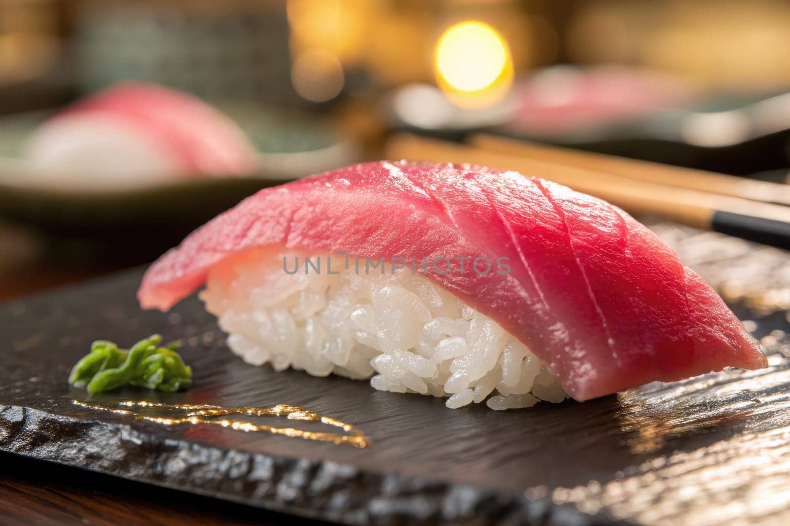 Fresh tuna placed delicately on a bed of perfectly cooked rice, served on a sleek black stone plate. A sophisticated atmosphere is enhanced by soft lighting in the background.