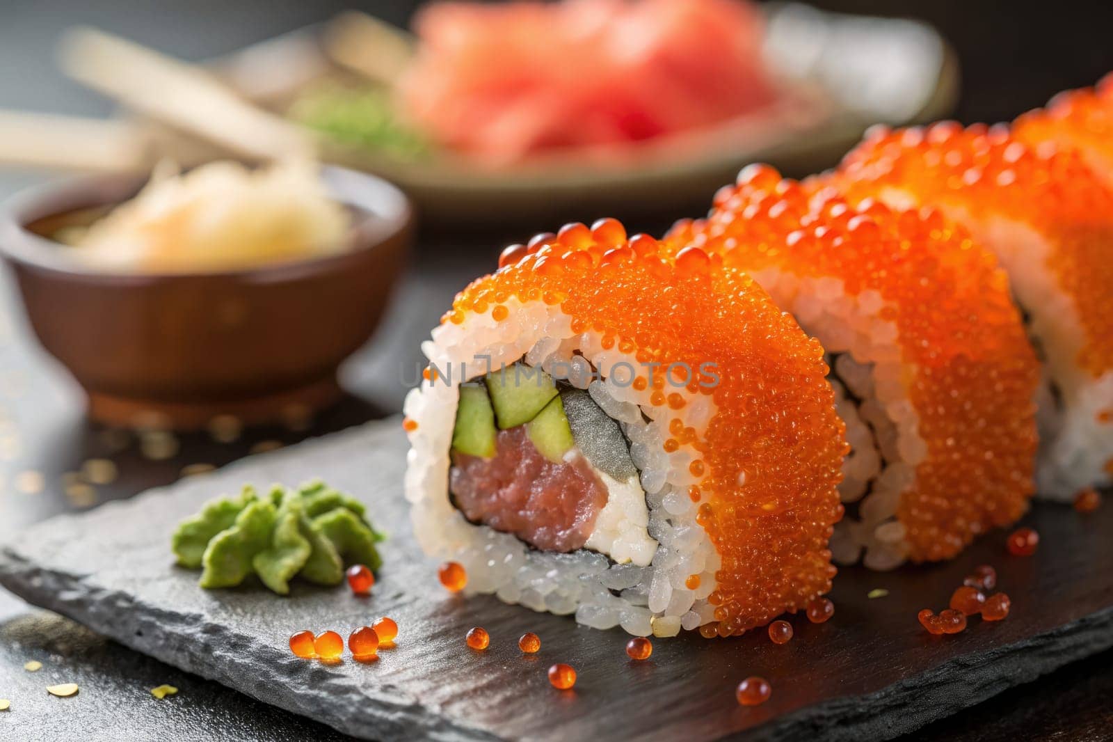 Fresh sushi rolls topped with bright orange caviar are arranged on a slate plate.