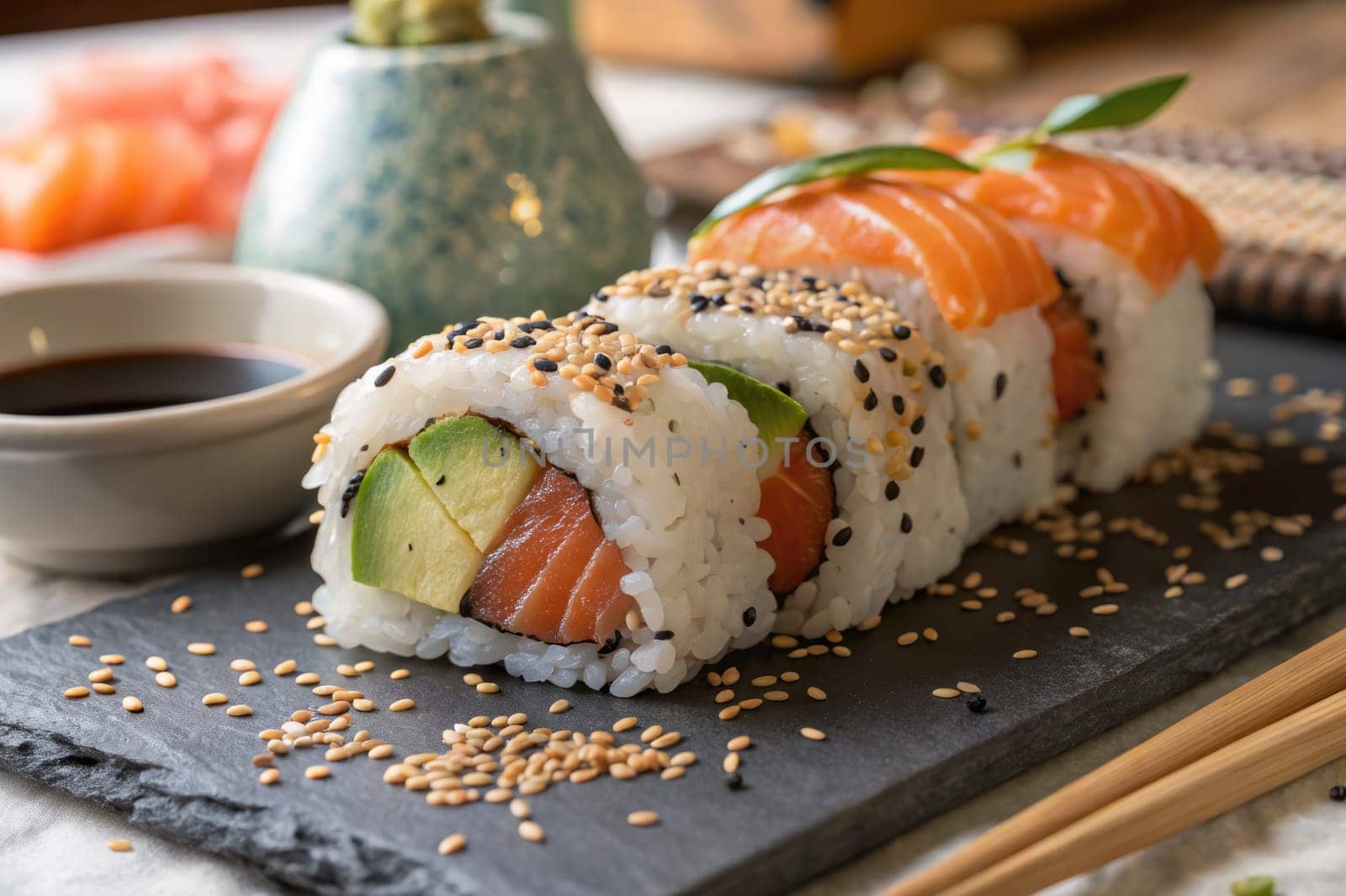 Colorful sushi rolls with salmon and avocado are elegantly arranged on a slate board. Accompanied by soy sauce, this culinary delight showcases precision and freshness, perfect for any meal.
