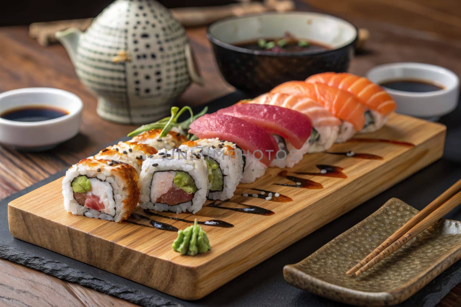 A beautifully arranged sushi platter features various rolls and sashimi served on a wooden board. Accompanied by soy sauce, wasabi, and a ceramic teapot, this meal is perfect for sharing.