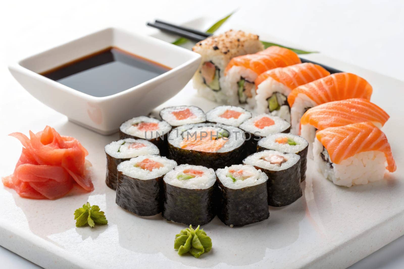 A beautifully arranged sushi platter showcasing different varieties. It includes rolls, sashimi, wasabi, and pickled ginger, served with a bowl of soy sauce for dipping.
