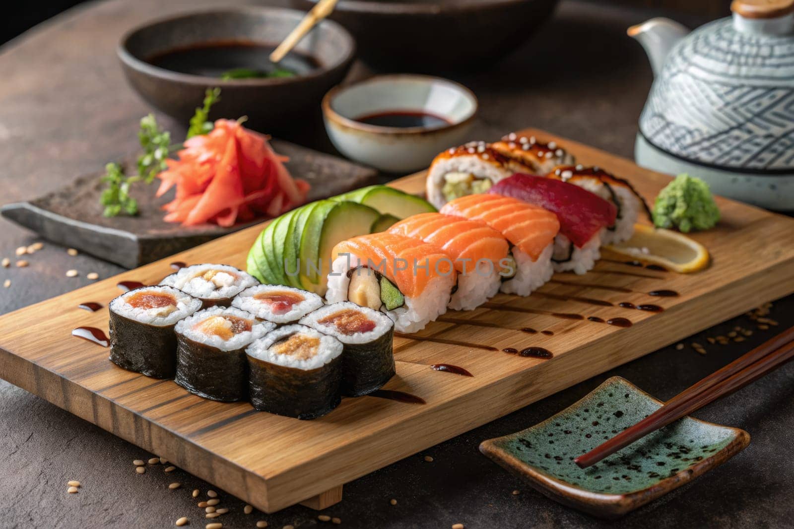 A beautifully arranged sushi platter showcases an assortment of fresh sushi rolls, sashimi, pickled ginger, and condiments.
