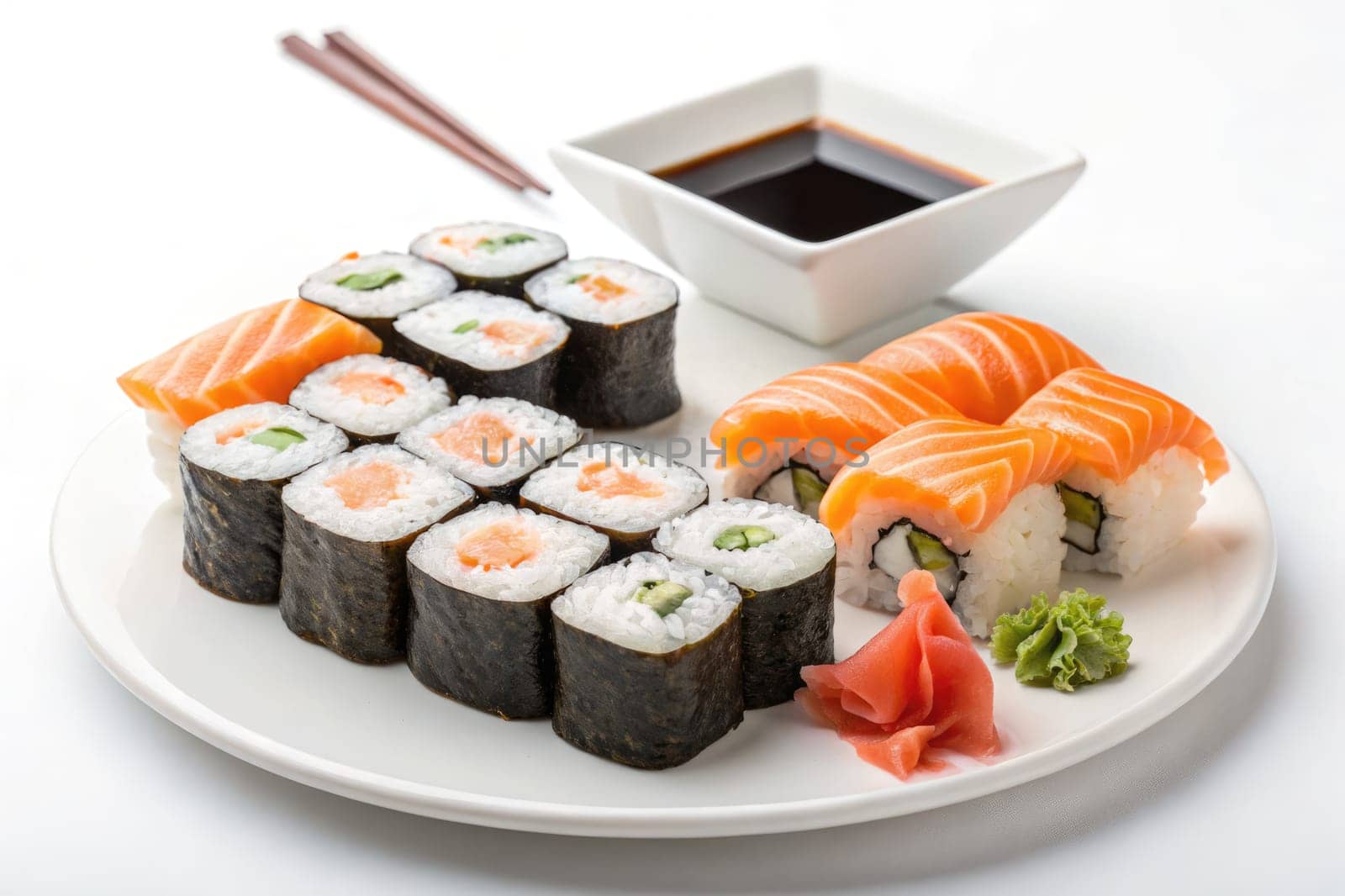 A beautifully arranged sushi platter includes assorted rolls with salmon, vegetables, and rice accompanied by a small bowl of soy sauce. Pickled ginger and wasabi complete the presentation.