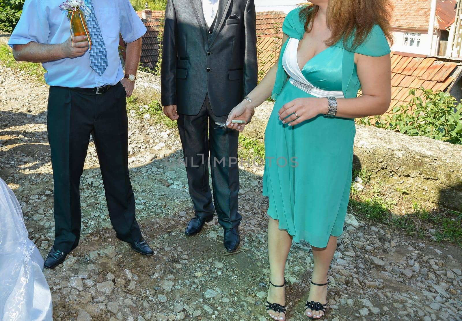 A group of people stand side by side, each wearing distinct formalwear, sharing in the spirit of the occasion