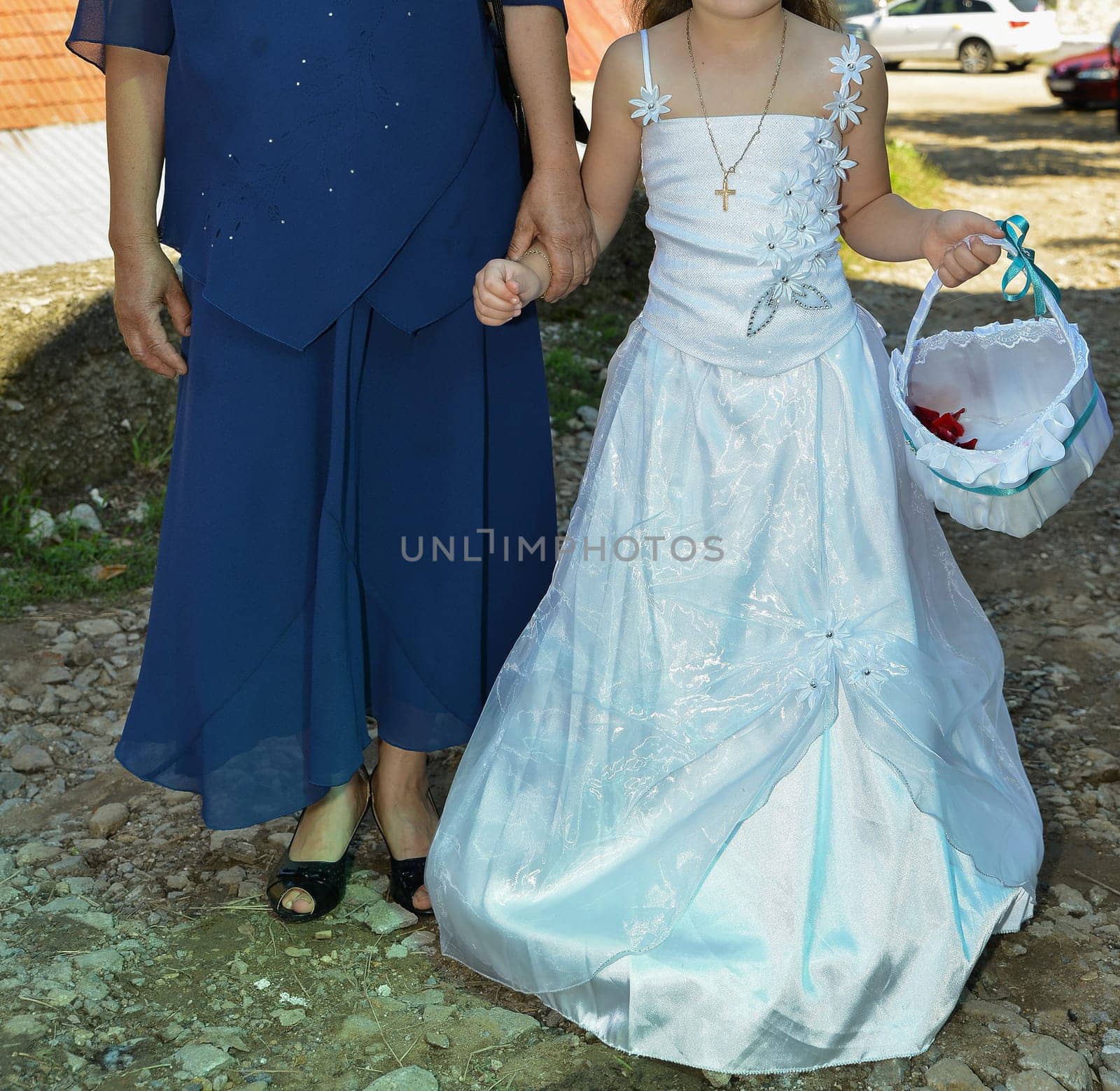 A child in a white dress carries a petal-filled basket down a rustic path, symbolizing the start of a joyous occasion