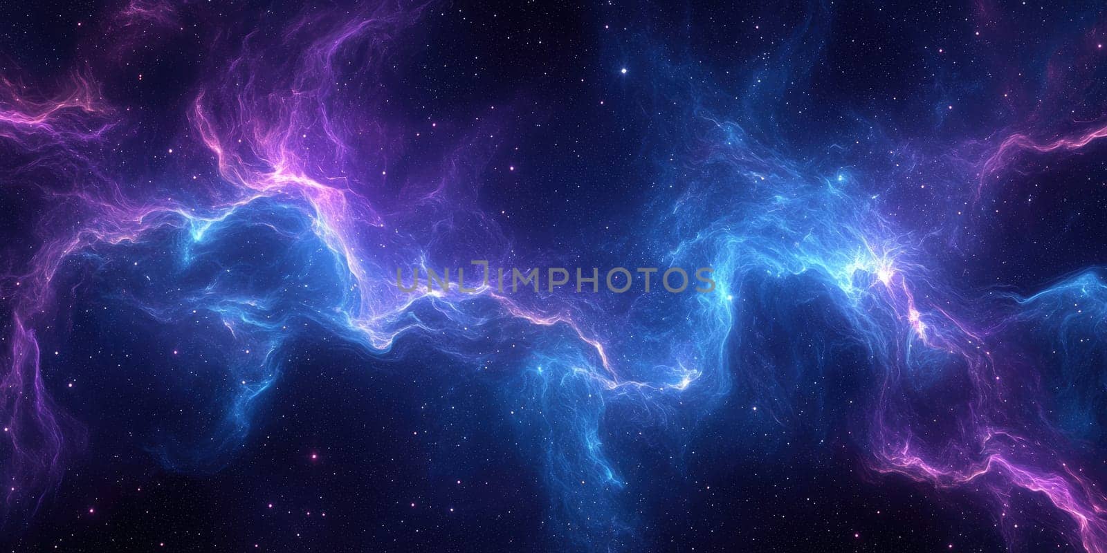 Bright cosmic nebula showcases swirling clouds of vibrant blue and purple gas in the universe. Stars twinkle amidst this stunning celestial display, creating a mesmerizing atmosphere.