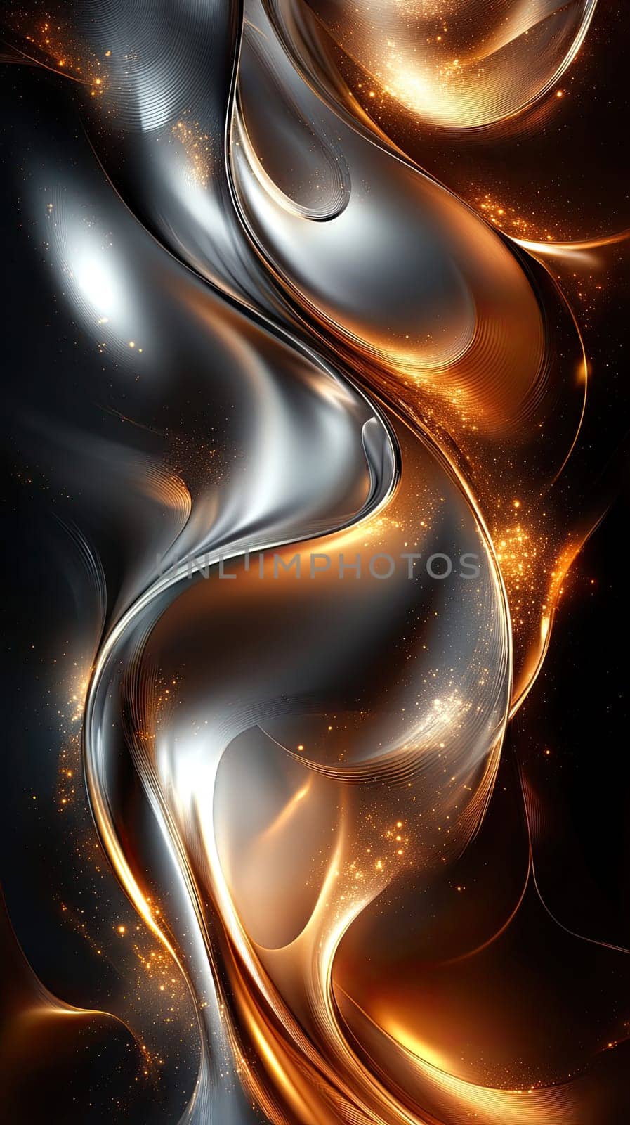 Colorful swirls of orange and silver merge seamlessly against a dark backdrop, creating an alluring, dynamic abstract design that captures movement and light.