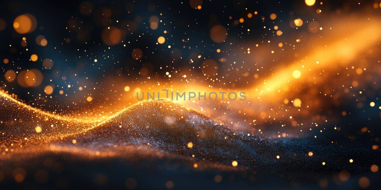 Luminous golden and blue particles flow gracefully across a dark backdrop, forming a captivating wave pattern that evokes a sense of motion and tranquility at night.