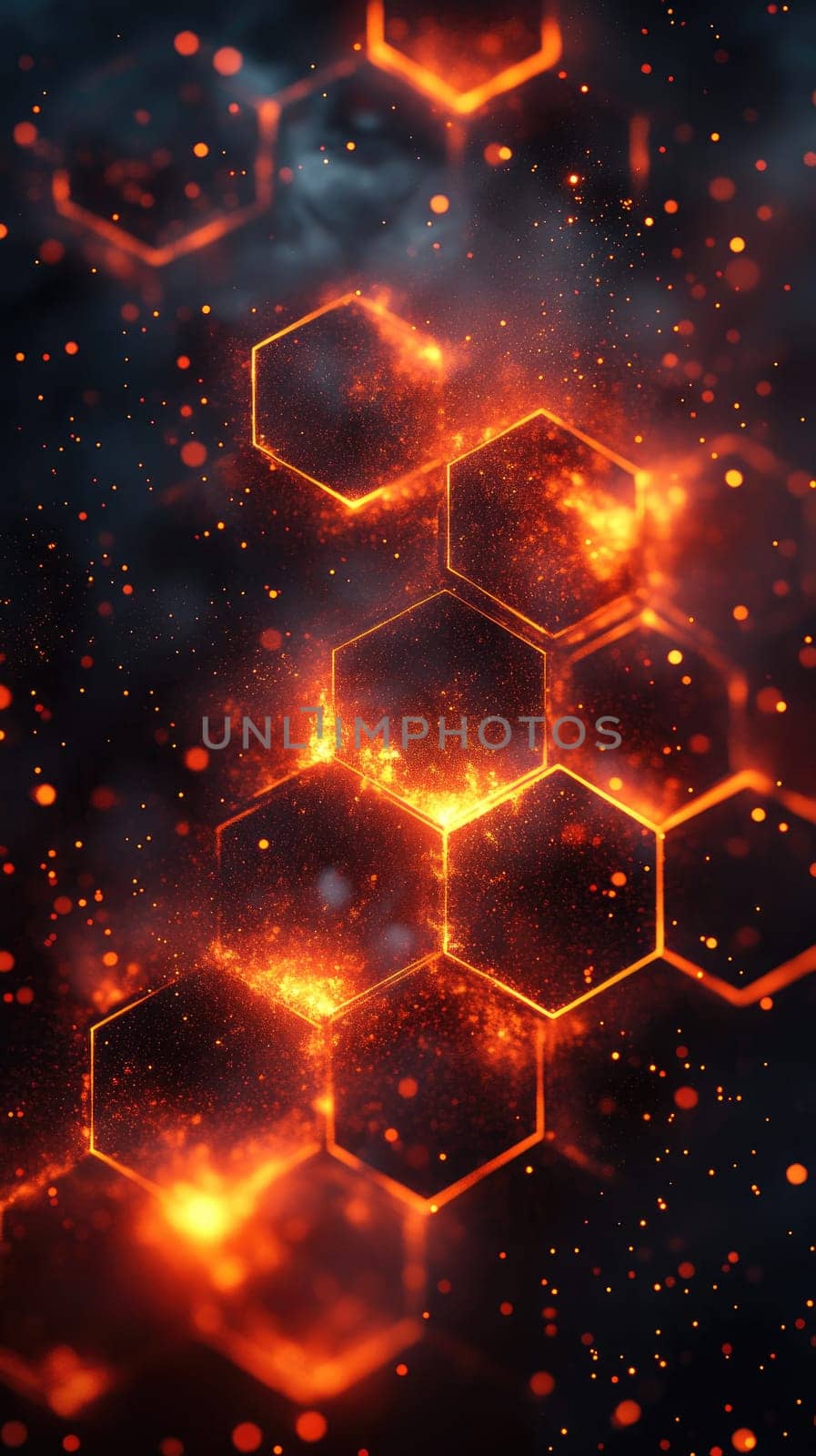 This artwork showcases glowing hexagons engulfed in flames, surrounded by dynamic particles that shimmer in a dark background. The vibrant colors create an energetic and abstract atmosphere.