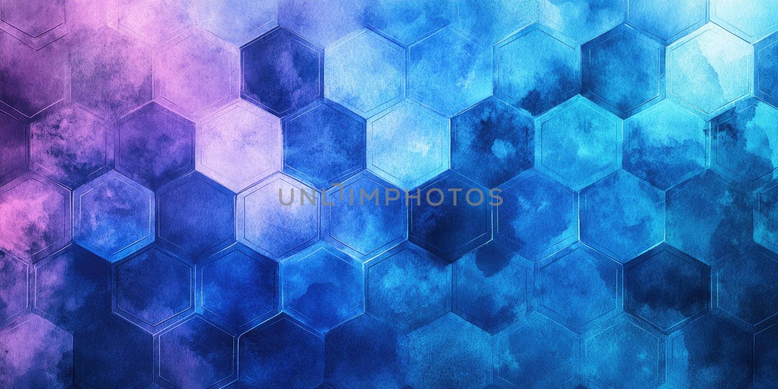 Vibrant hexagonal shapes overlap in shades of blue and purple, forming an abstract pattern that combines cool colors and textures, ideal for creative digital backgrounds.