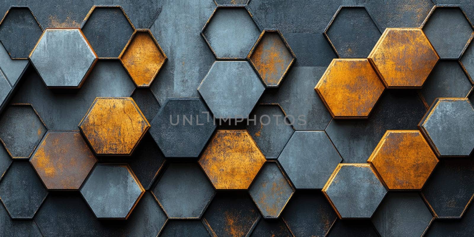Hexagonal patterns create a striking visual effect with a mixture of gray and metallic orange tones. Various sizes and textures add depth and interest to the design.