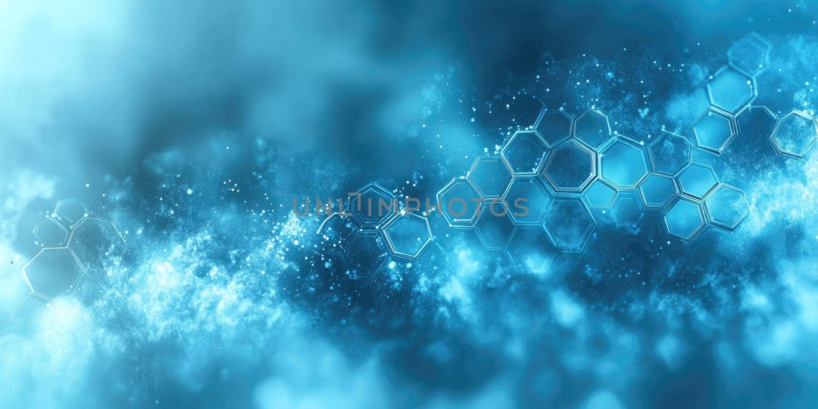 Colorful hexagonal shapes float through an ethereal blue background, creating a dynamic and lively atmosphere. Soft light glimmers as textures intermingle, enhancing the sense of depth.