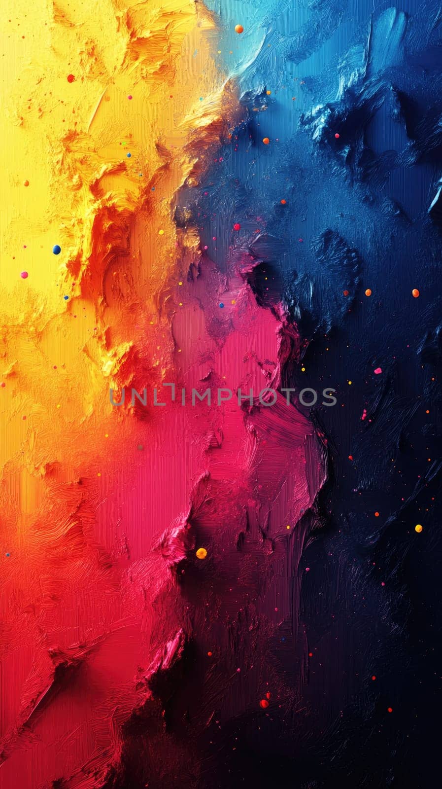 Vibrant abstract artwork featuring a blend of warm orange and red tones transitioning into cool blue and purple shades, showcasing layered textures and playful splatters.