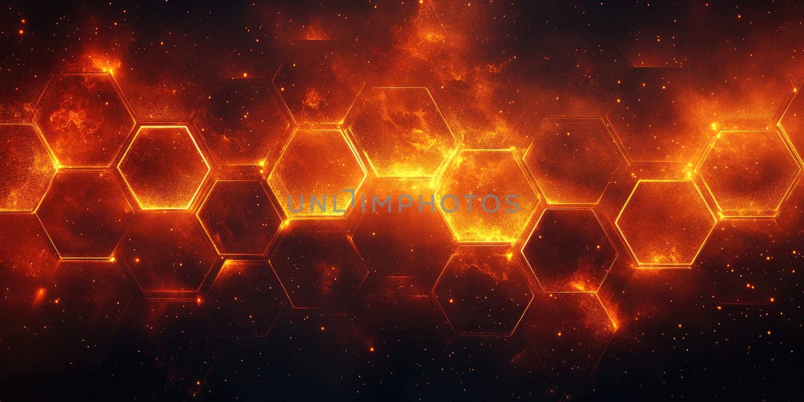 Bright hexagonal patterns emit fiery orange and yellow hues, creating a captivating abstract visual against a contrasting dark backdrop. The design evokes energy and movement.