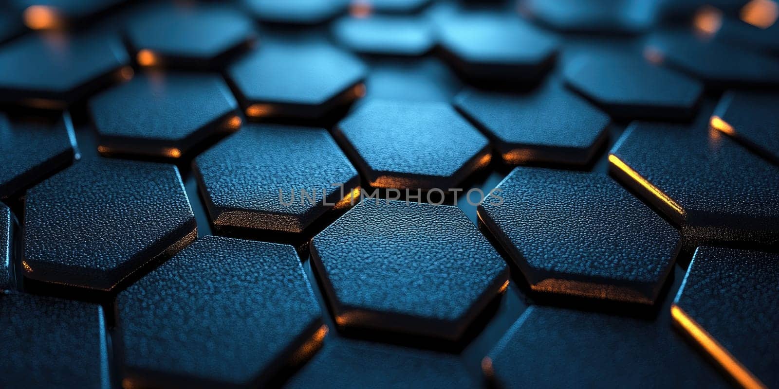 A close-up view of a hexagonal pattern featuring a dark surface with a polished texture. Soft lighting enhances the geometric shapes, creating a striking visual effect.