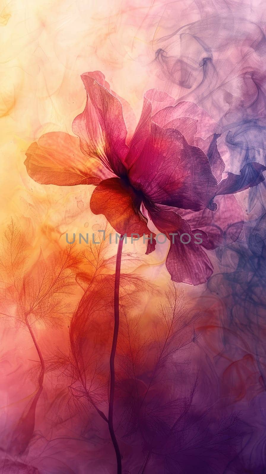A delicate flower stands alone against a backdrop of swirling colors, showcasing shades of purple, pink, and orange. The artistic effect gives a dreamy appearance to the scene.