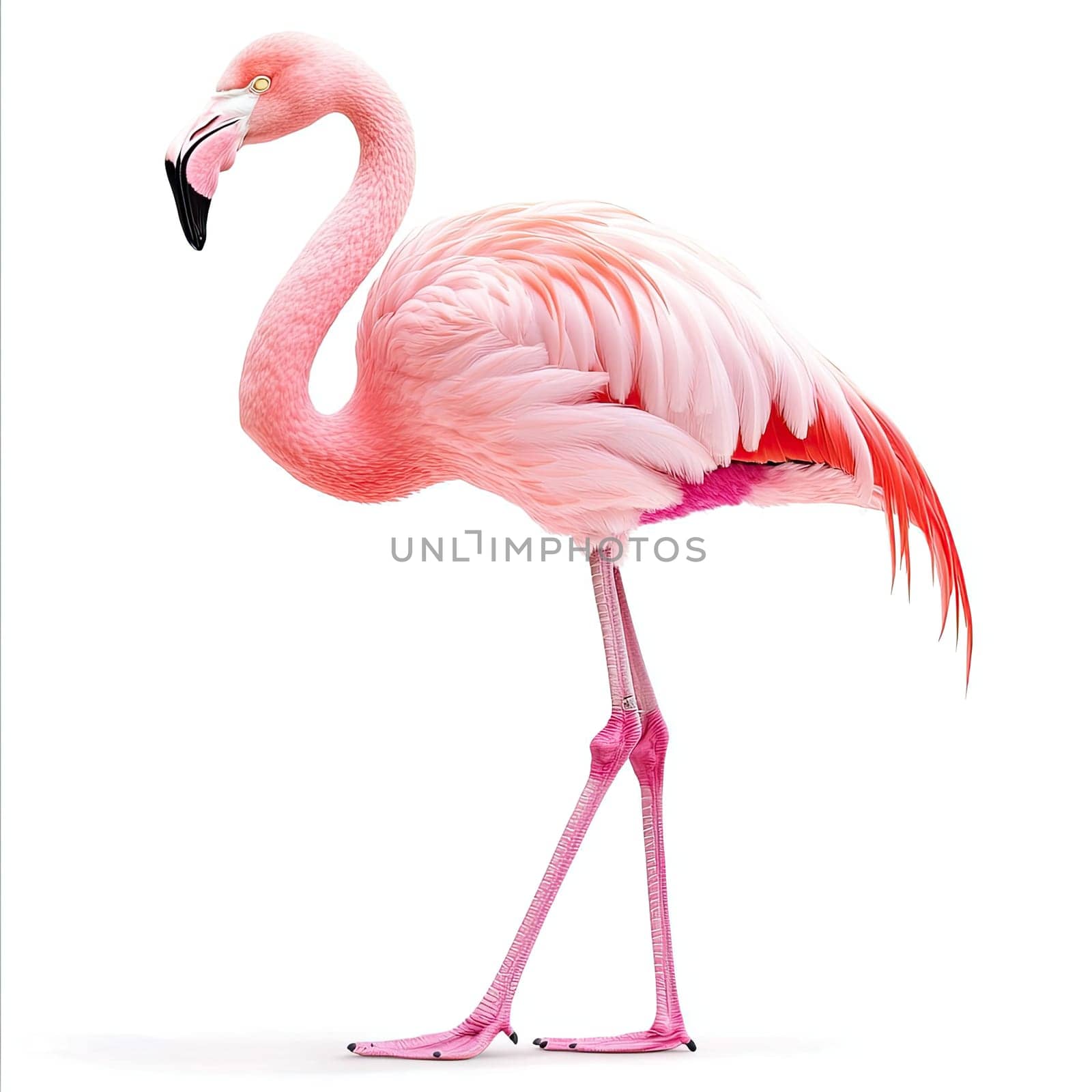 A flamingo stands tall, displaying its striking pink plumage and slender legs.