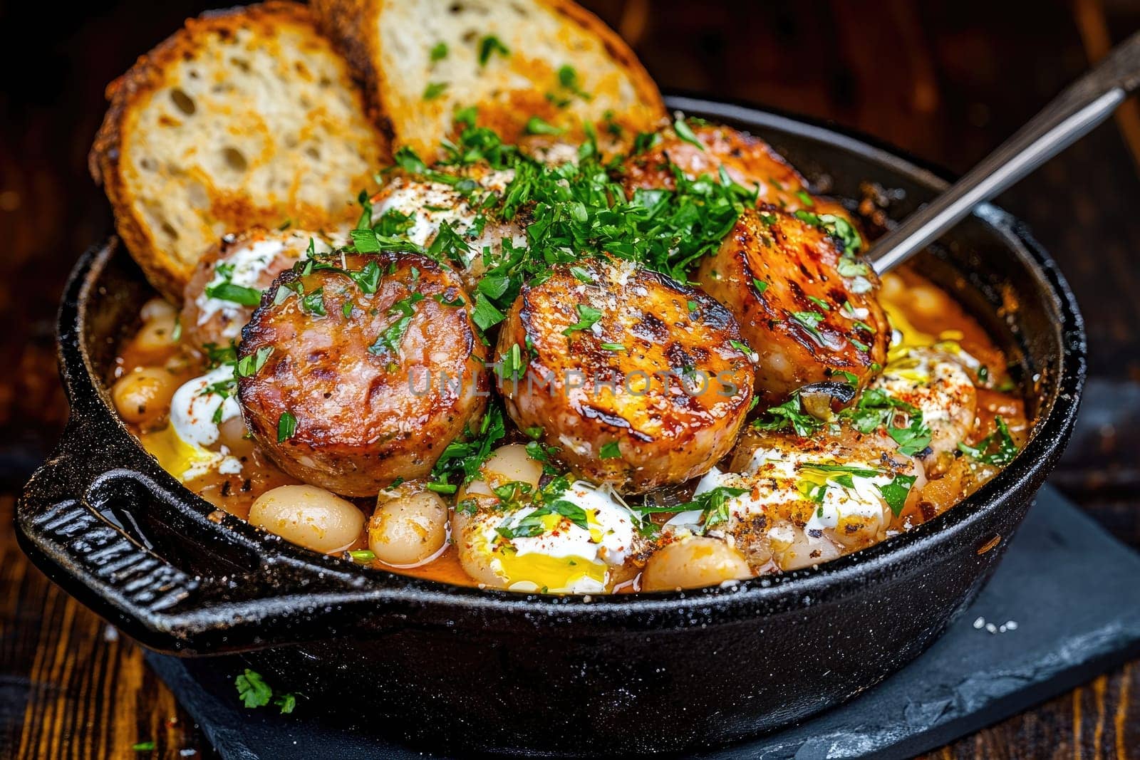 Savory sausages and poached eggs are nestled in a rich bean stew, garnished with fresh herbs, alongside toasted bread. Perfect for a comforting morning meal.