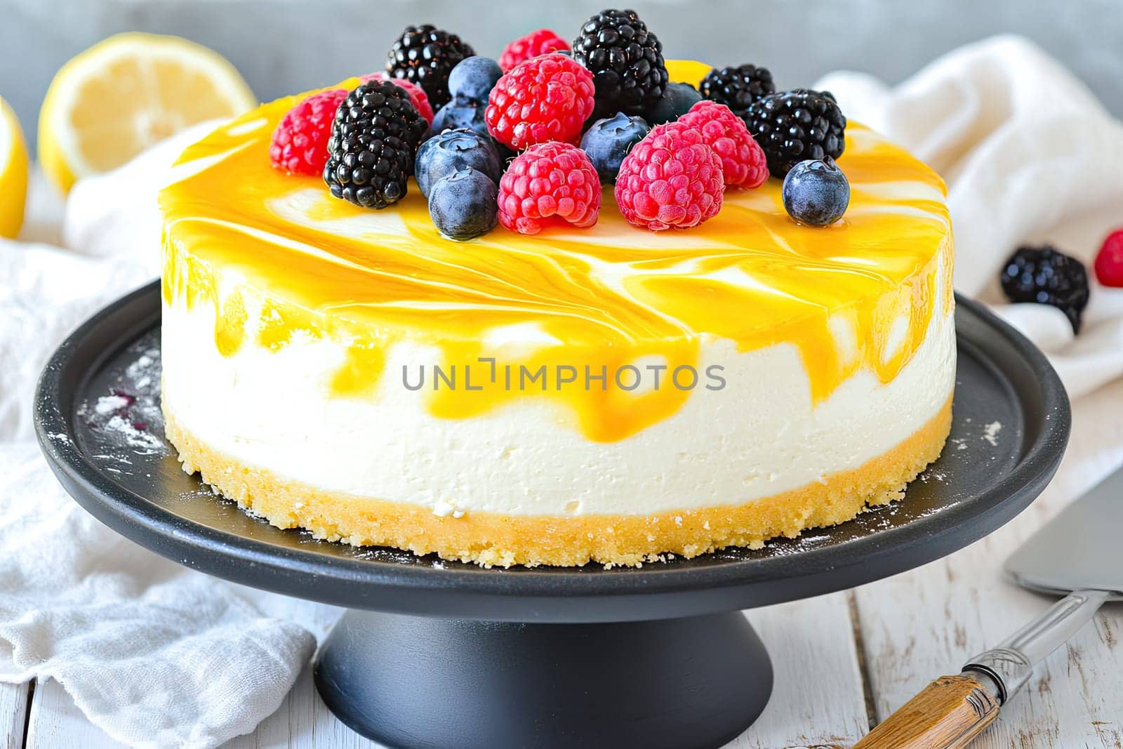 A vibrant cheesecake is showcased on a black serving plate. It features a smooth mango glaze and is adorned with fresh berries, including raspberries, blueberries, and blackberries.