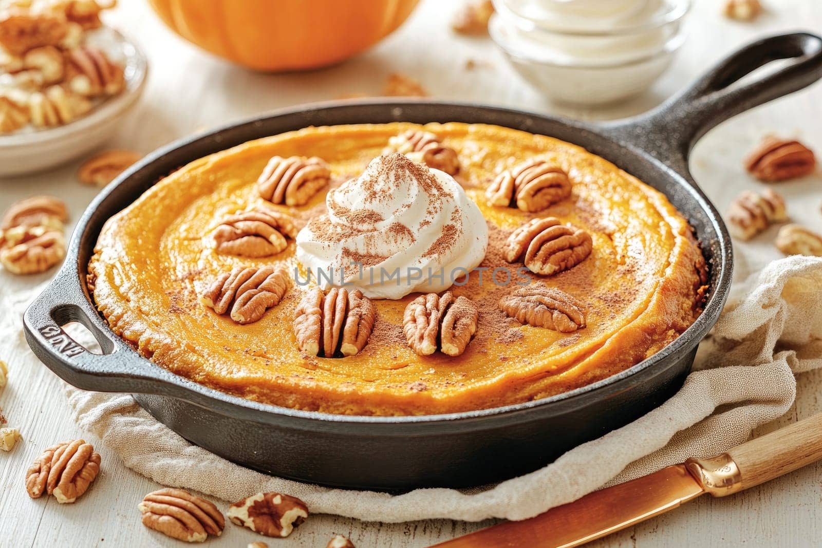 A rich pumpkin pie is beautifully presented in a cast iron skillet, topped with whipped cream and pecans. This dessert is ideal for autumn gatherings and festive occasions.
