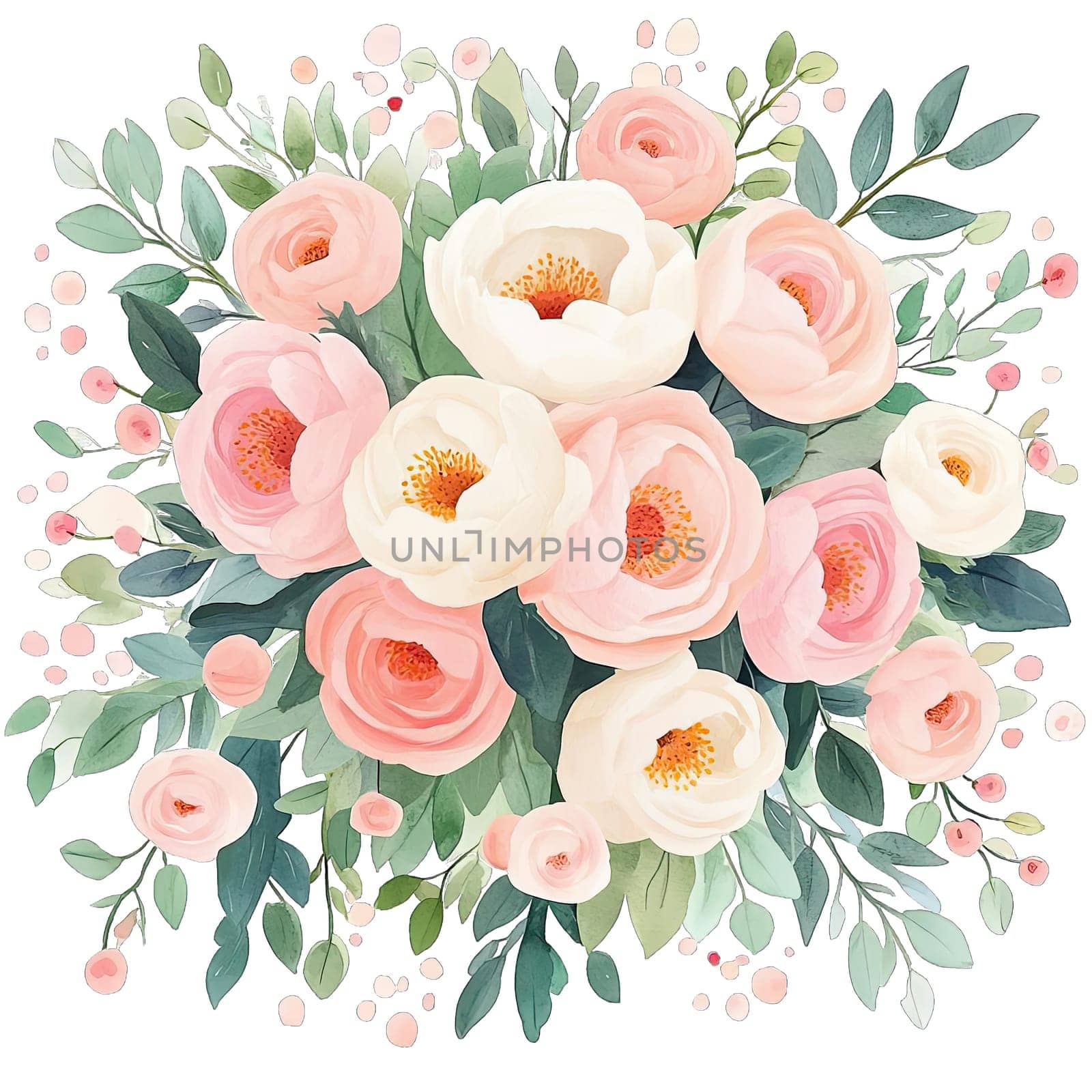 Delicate white flowers and lush green leaves are elegantly arranged, showcasing a harmonious blend of nature's beauty through watercolor art. The soft colors enhance the overall charm.