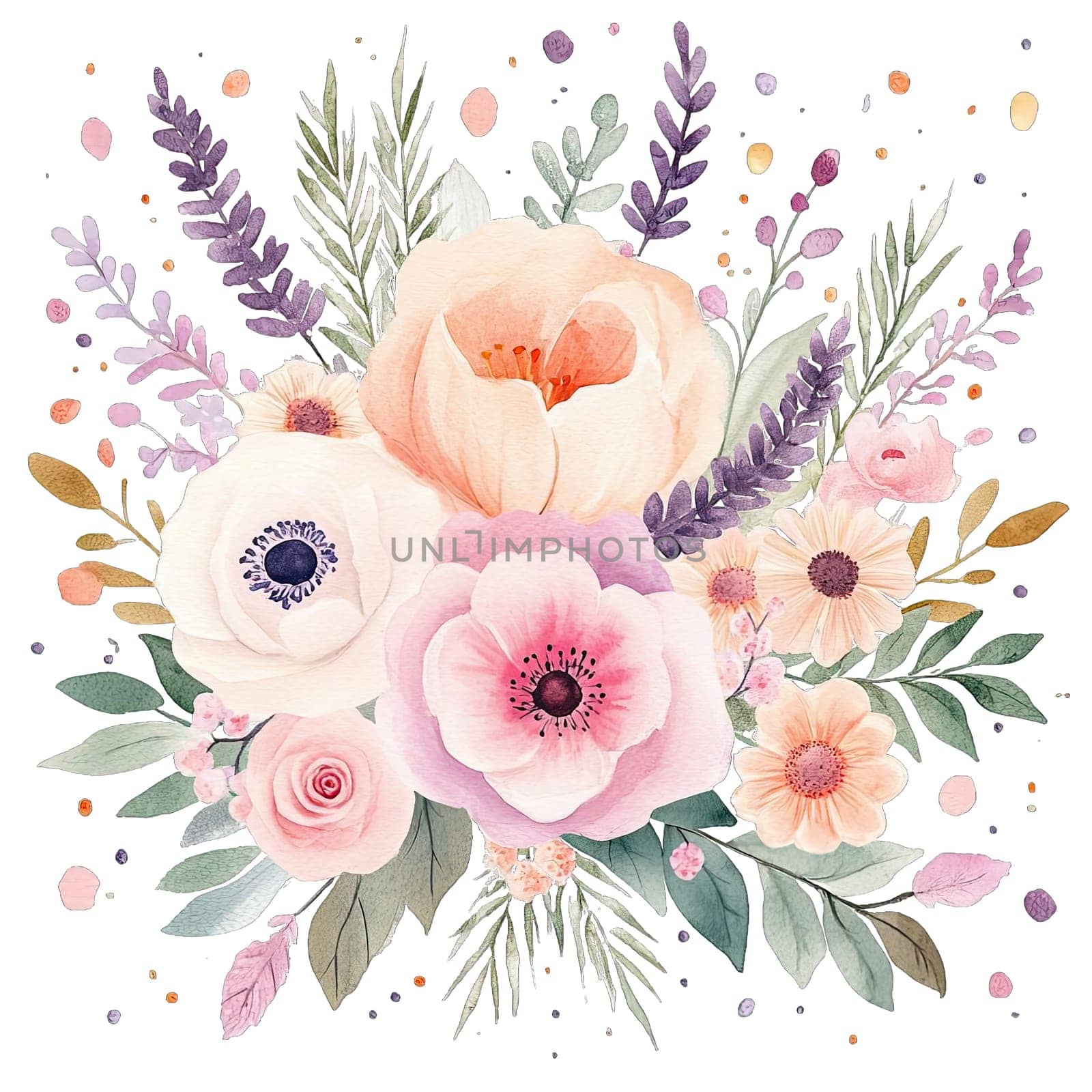 A stunning composition of soft pink roses and bright white lilies, surrounded by lush green leaves and delicate buds, ideal for floral decorations or special occasions.
