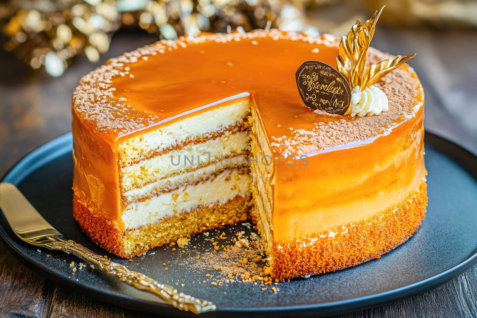 A beautifully crafted dessert featuring multiple layers of sponge cake filled with creamy frosting, topped with a glossy caramel glaze. Perfect for celebrations.