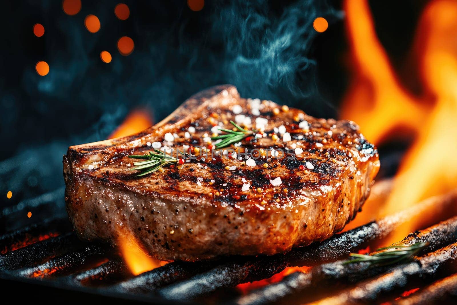 Juicy steak sears on a grill, surrounded by vibrant flames. Sprigs of herbs enhance the meat as smoke rises, creating an inviting atmosphere perfect for an evening barbecue.