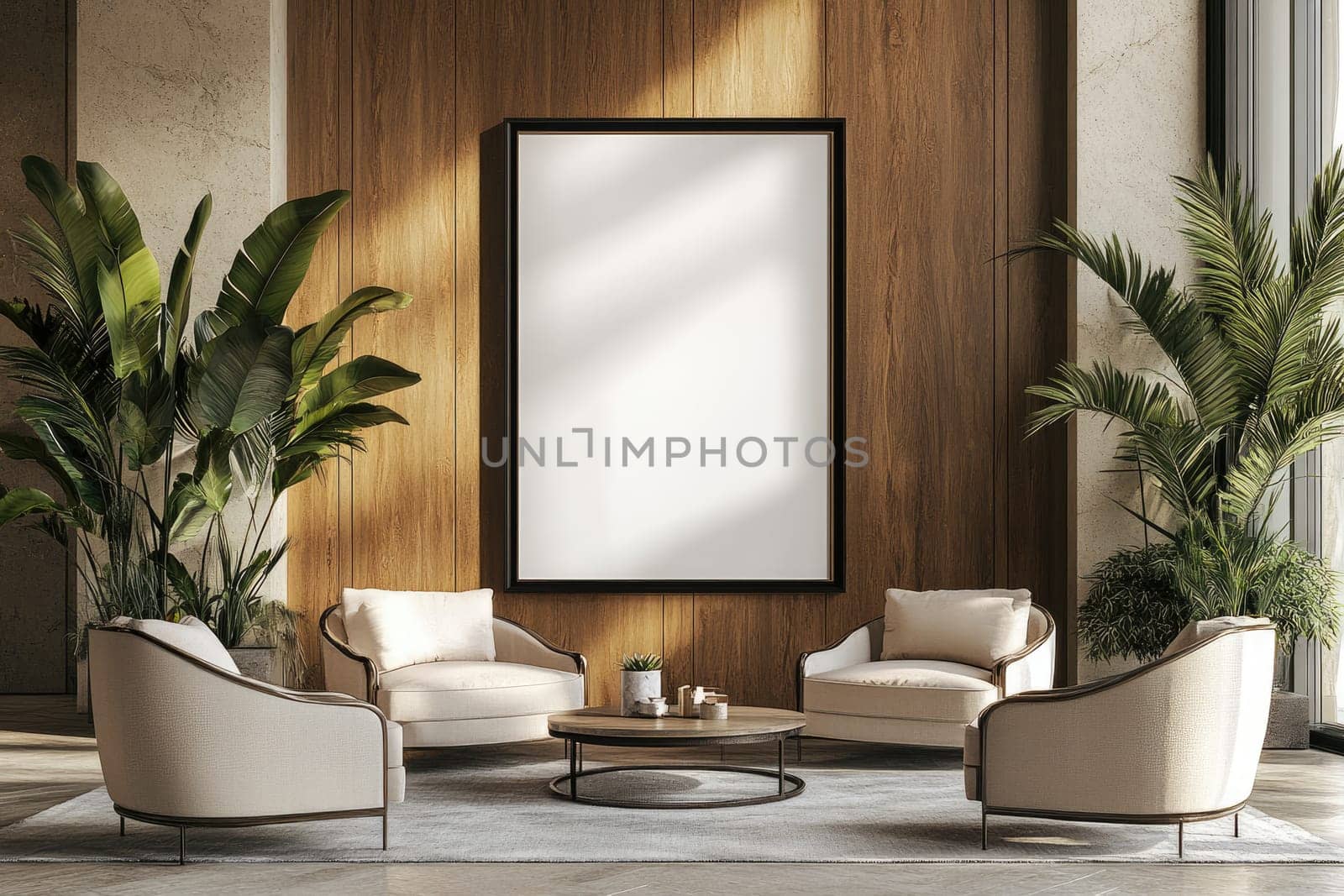 A stylish lounge area showcases a modern seating arrangement with cream-colored chairs and a round coffee table. Lush green plants adorn the space, enhancing the ambiance of comfort.