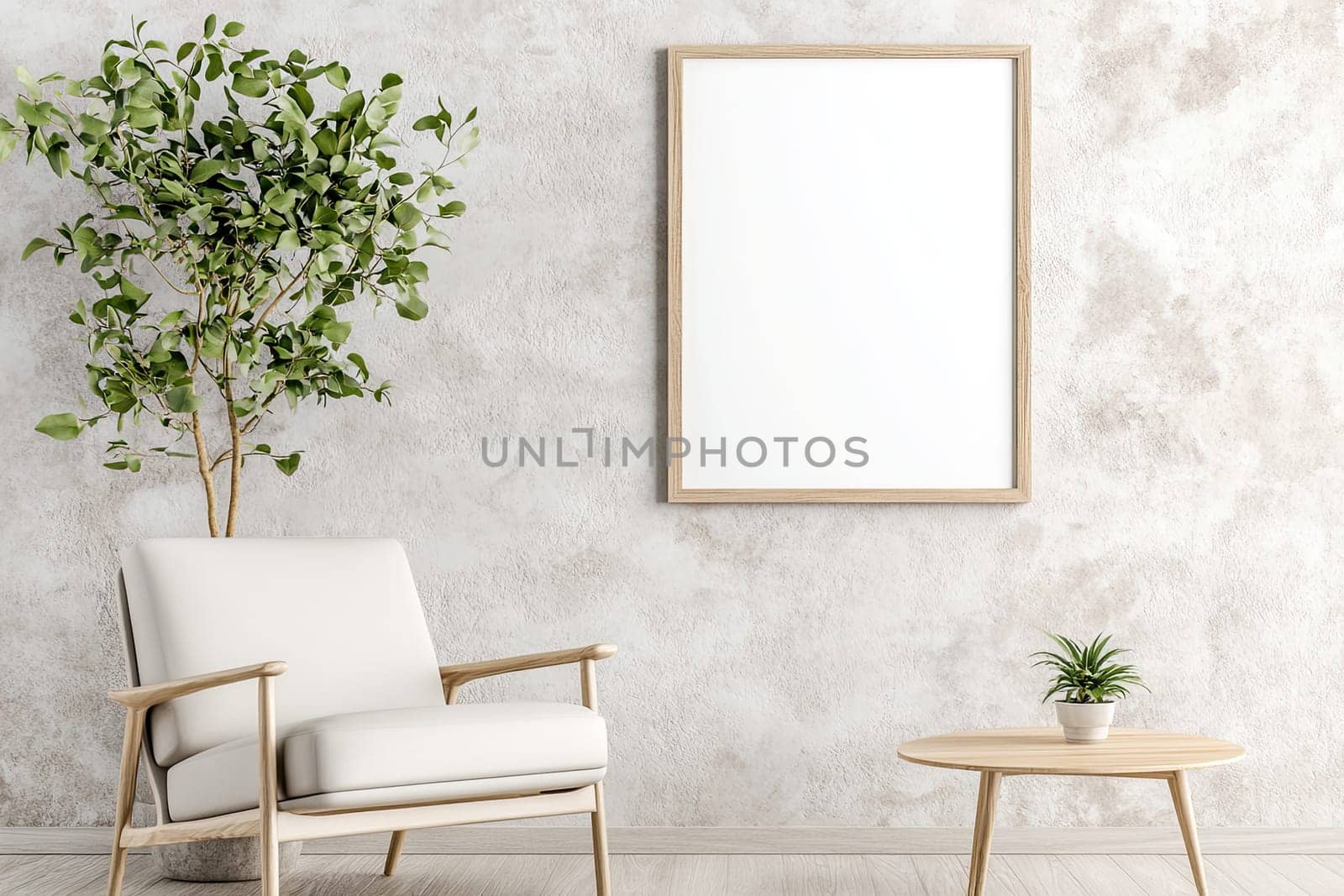 A cozy room showcases a simple chair beside a small table. A blank frame hangs on the textured wall, with a leafy plant adding a touch of greenery to the space.