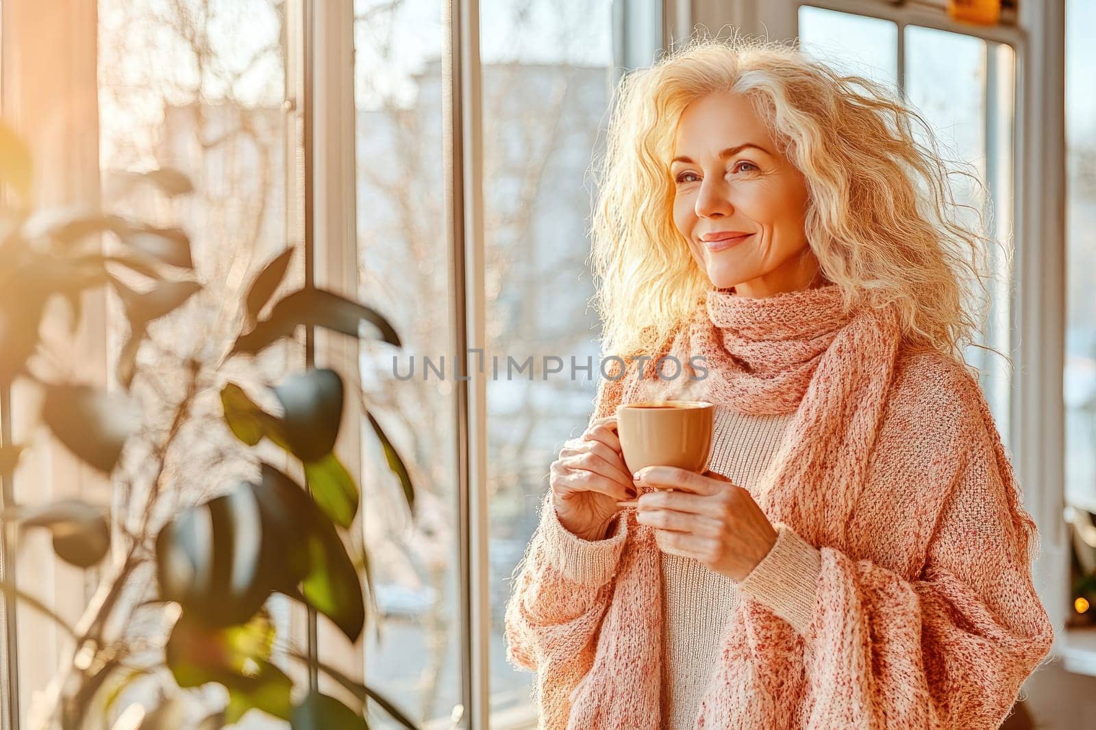 A woman with curly blonde hair holds a steaming cup of coffee while gazing out of a large window. She wears a cozy scarf and enjoys the warm sunlight filtering in, creating a peaceful atmosphere.