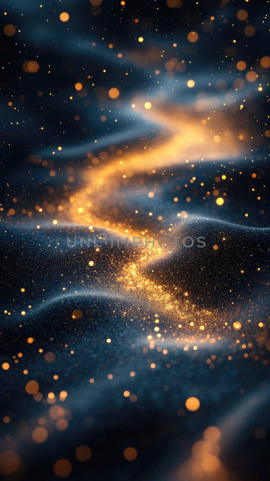 Soft waves of dark material ripple gently as golden particles scatter, creating a mesmerizing, winding path under dim lighting, resembling a cosmic scene.