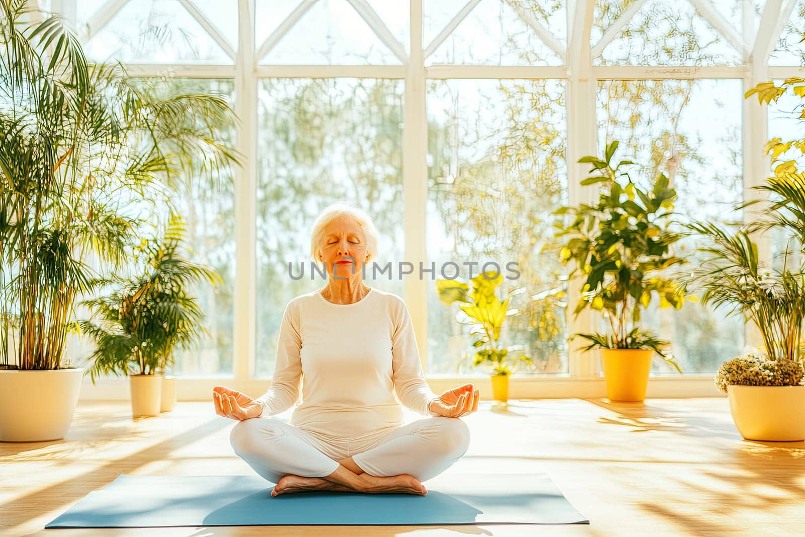 A senior woman is seated cross-legged on a yoga mat, meditating peacefully in a sunlit room surrounded by vibrant green plants, creating a serene atmosphere.