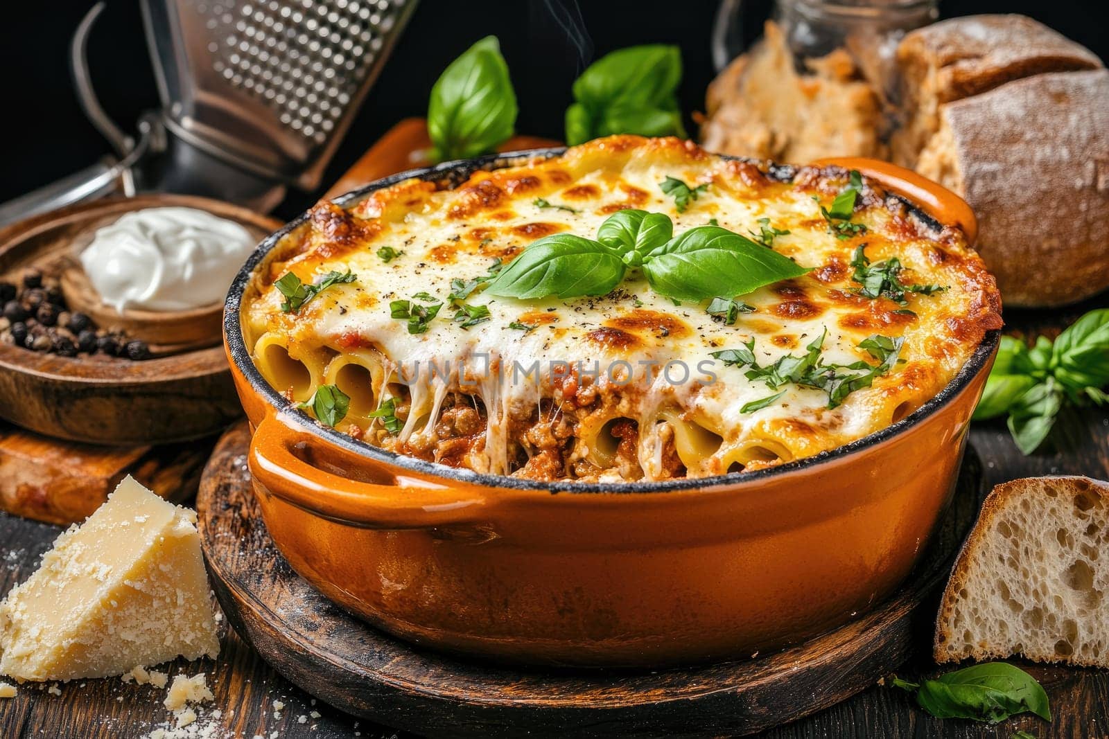 A delicious pasta bake sits in a terracotta dish, topped with melted cheese and fresh basil leaves. Surrounding it are rustic bread, spices, and cheese, creating an inviting atmosphere.