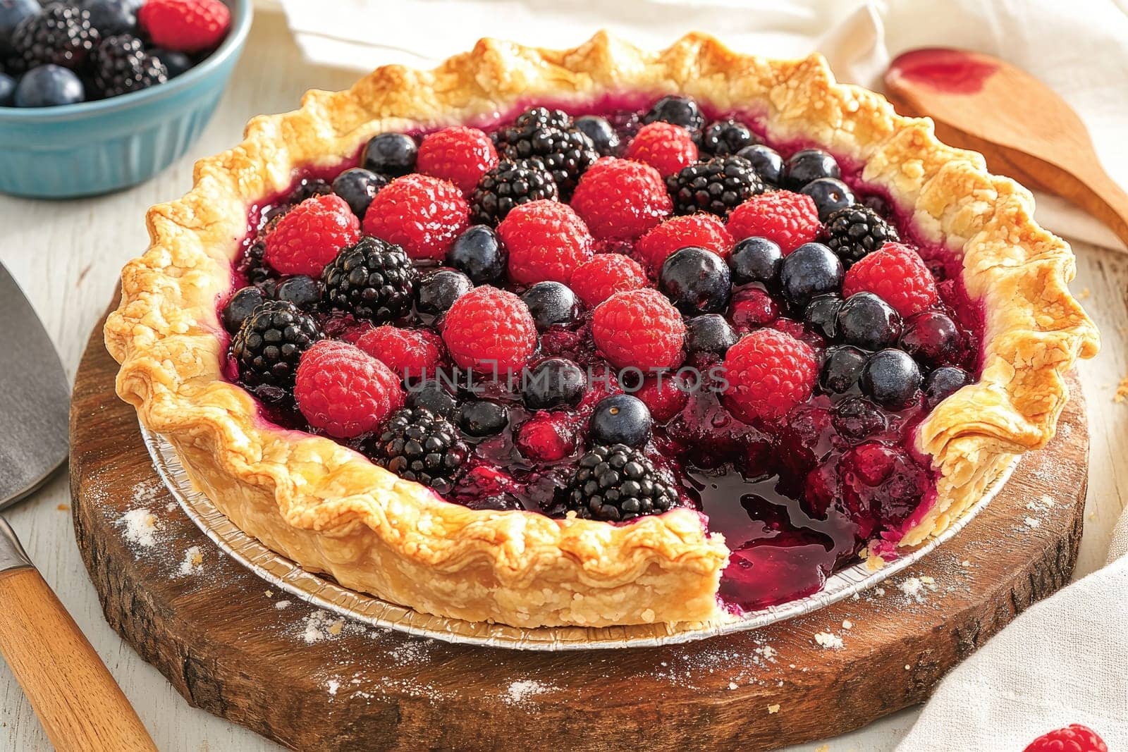 A delicious pie filled with an assortment of fresh berries, including raspberries, blueberries, and blackberries, showcases a flaky golden crust on a wooden surface.