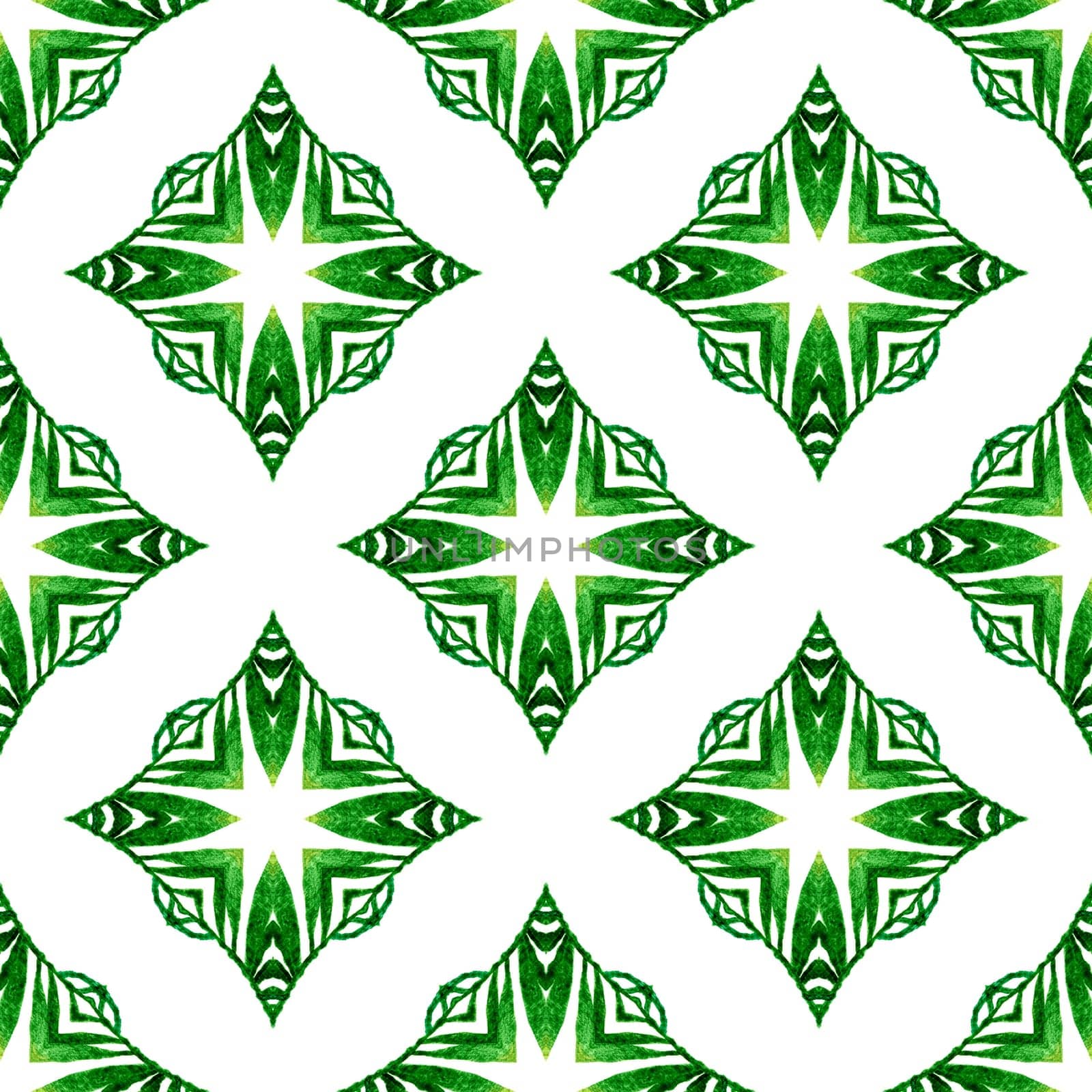 Textile ready immaculate print, swimwear fabric, wallpaper, wrapping. Green decent boho chic summer design. Trendy organic green border. Organic tile.