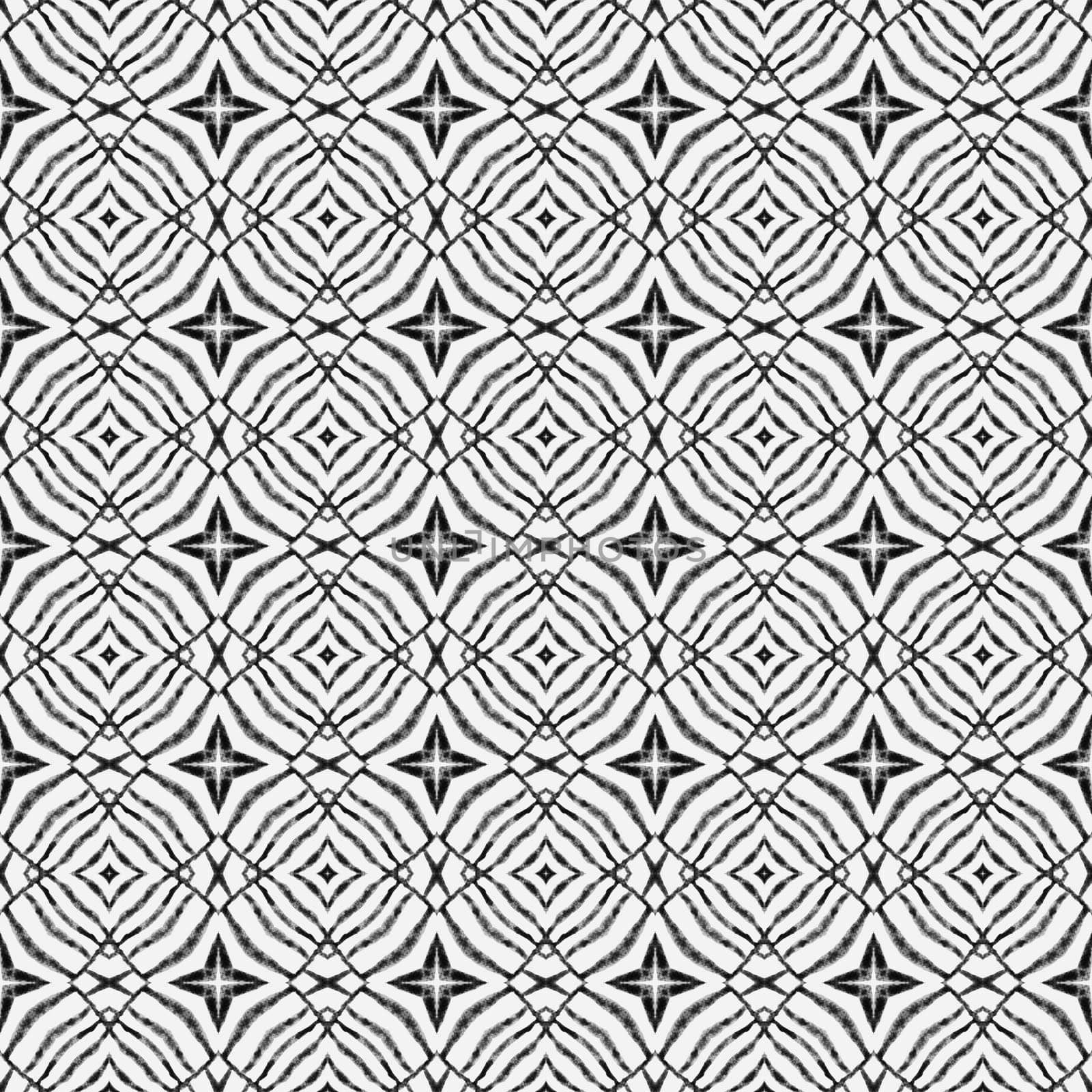 Textile ready favorable print, swimwear fabric, wallpaper, wrapping. Black and white pleasant boho chic summer design. Tiled watercolor background. Hand painted tiled watercolor border.