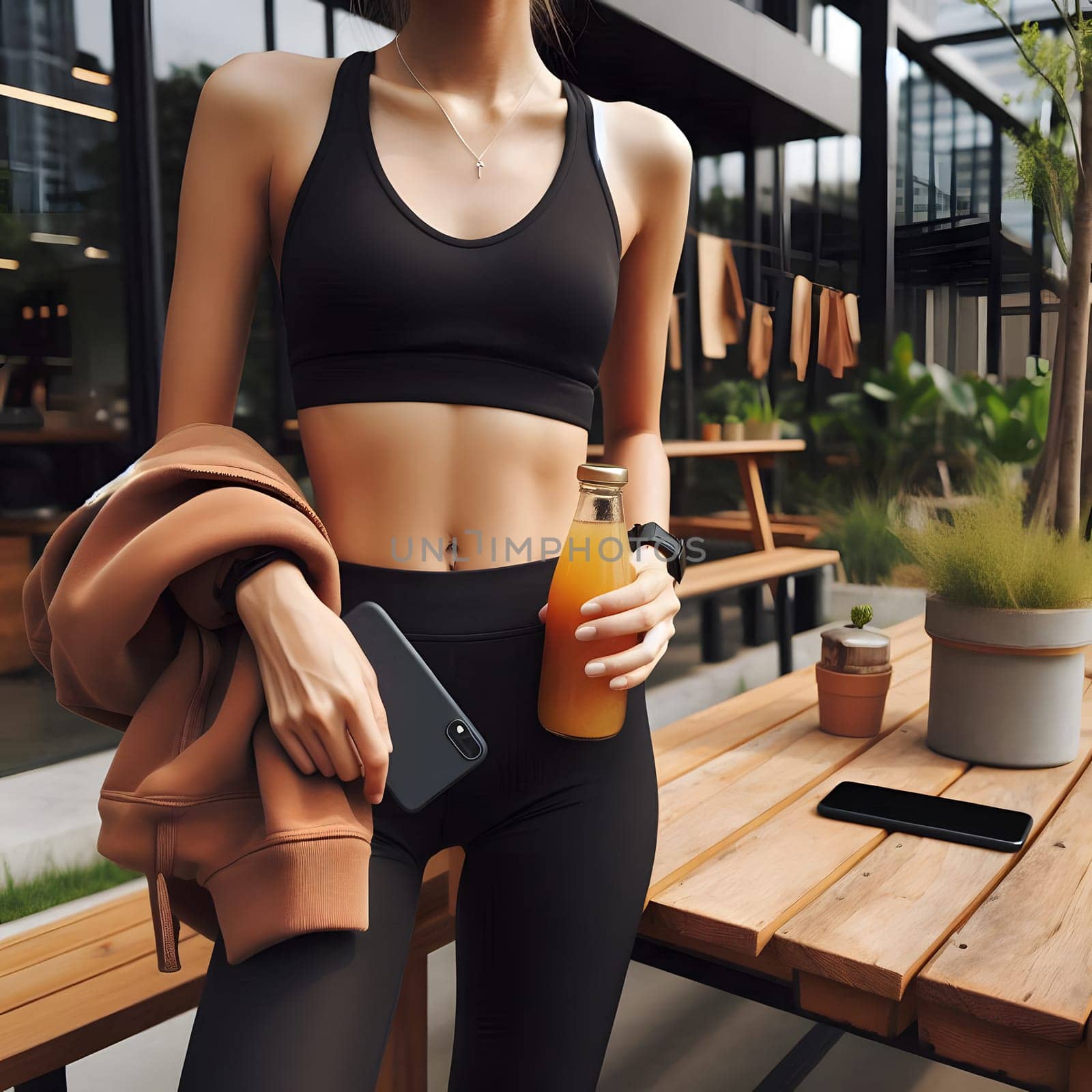 A young adult woman in black athletic wear holds a bottle of orange juice and a smartphone, standing near a wooden table with a potted plant. Generative AI