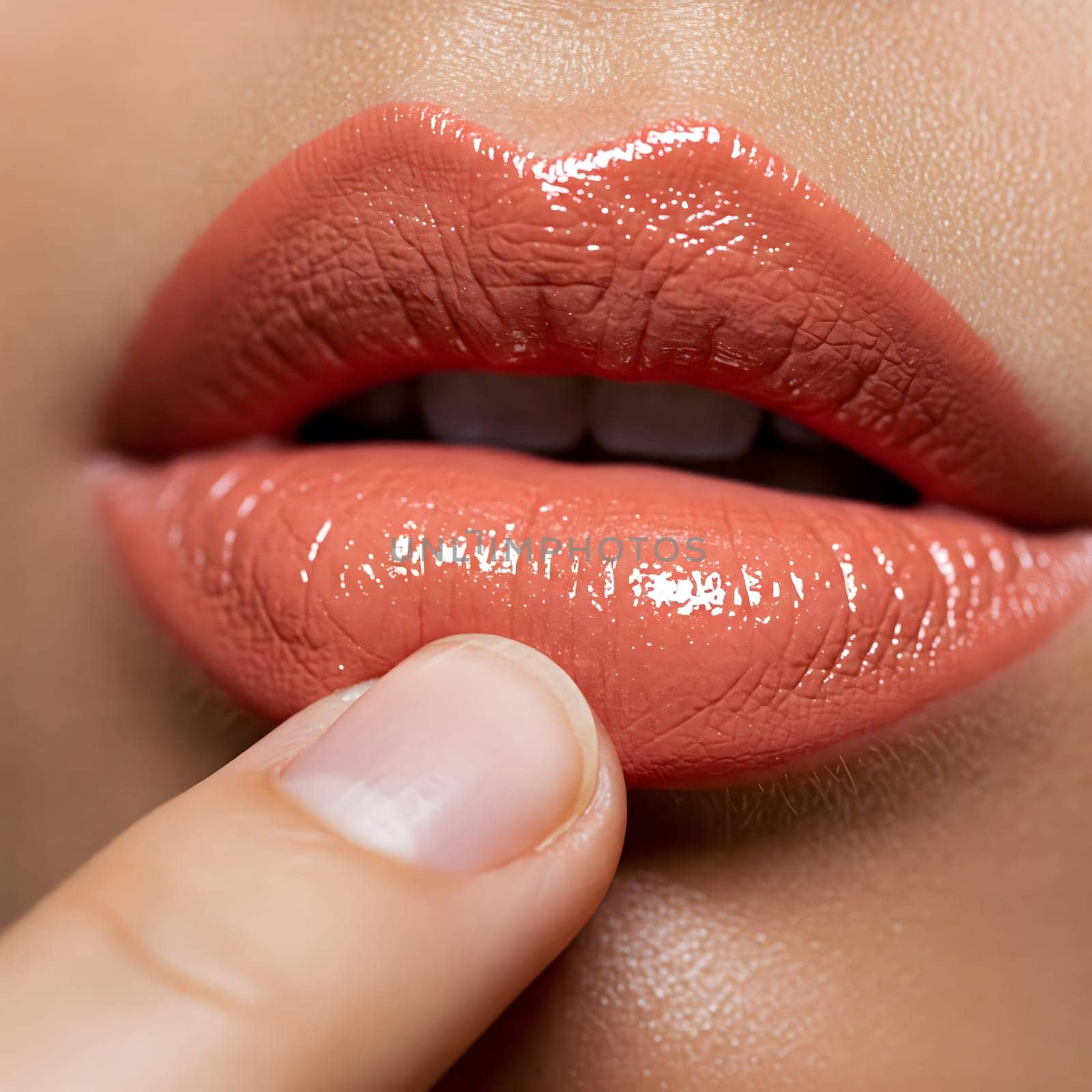 Glossy, peach-colored lips with a shiny finish are gently touched by a finger, showcasing the smooth texture of the lipstick. Generative AI