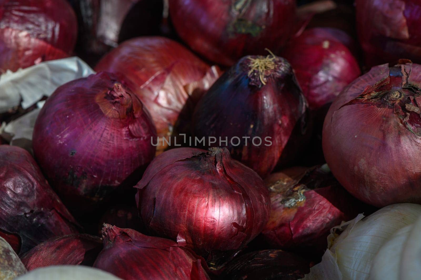 A variety of fresh red onions piled together at a lively market, basking in the afternoon sunlight. The vibrant colors and textures invite shoppers to explore the local produce offerings.