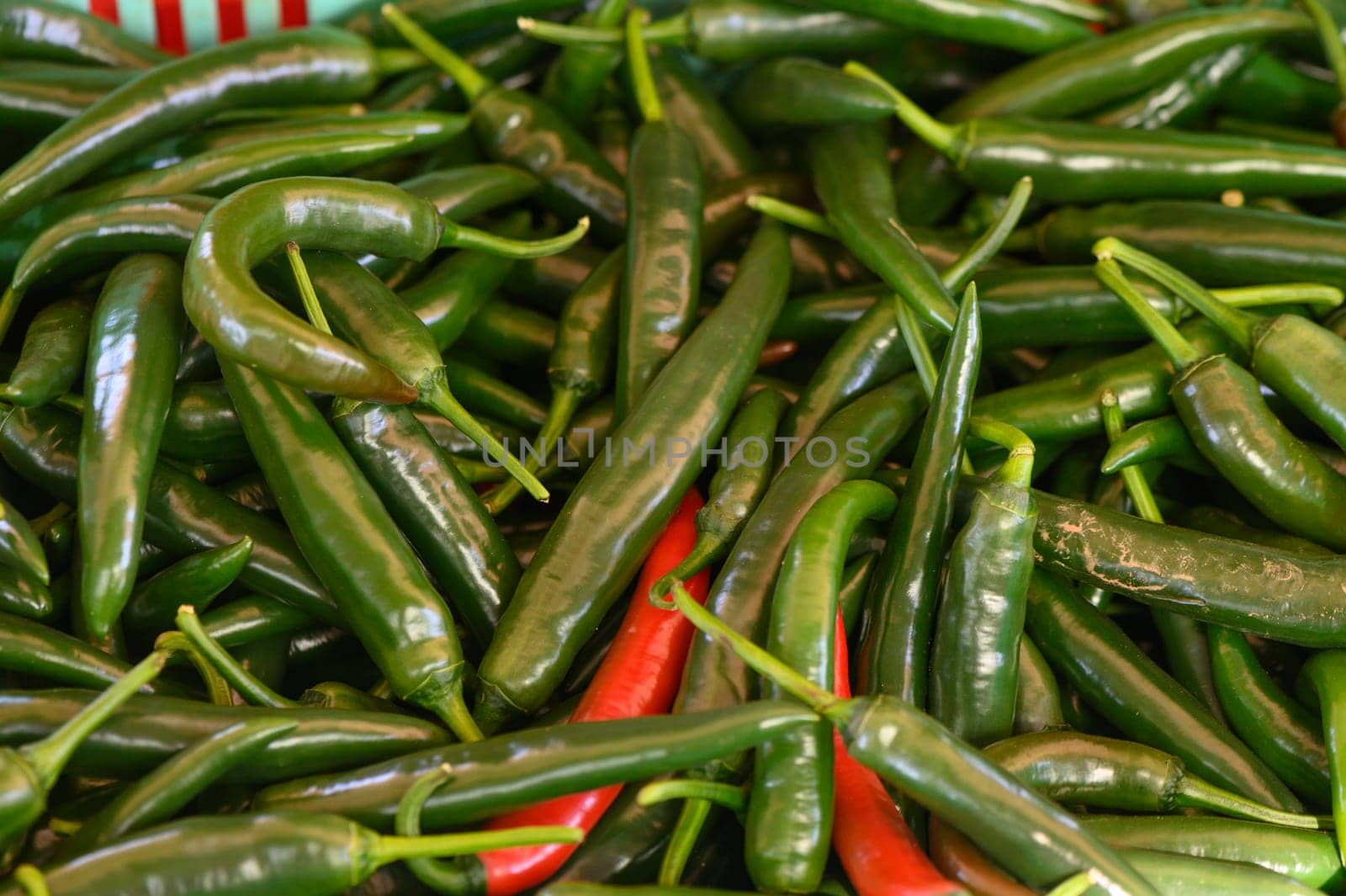 Vibrant array of green and red chili peppers lies in a market, showcasing freshness and variety under morning light.