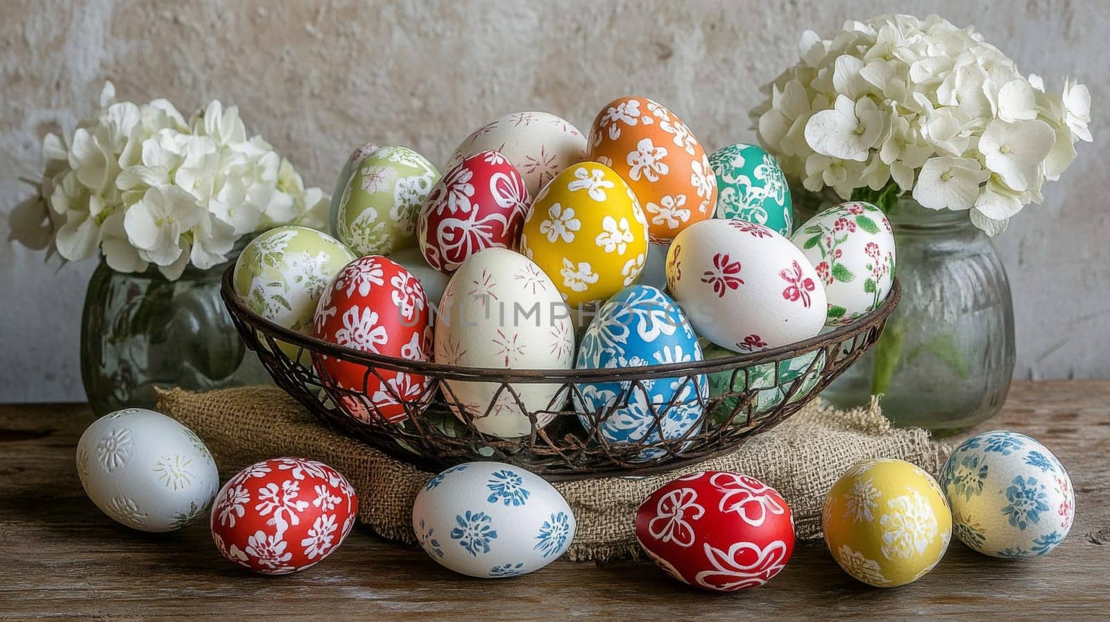 Brightly colored Easter eggs in a vintage wire basket create a cheerful centerpiece. Surrounding the eggs are elegant white flowers, enhancing the spring vibe of this home decor arrangement.