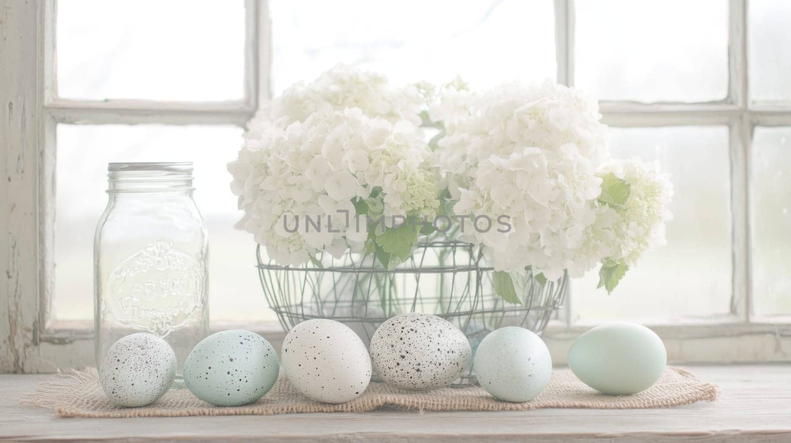 Delicate pastel Easter eggs sit on a rustic surface, complemented by a vintage wire egg basket filled with hydrangeas.